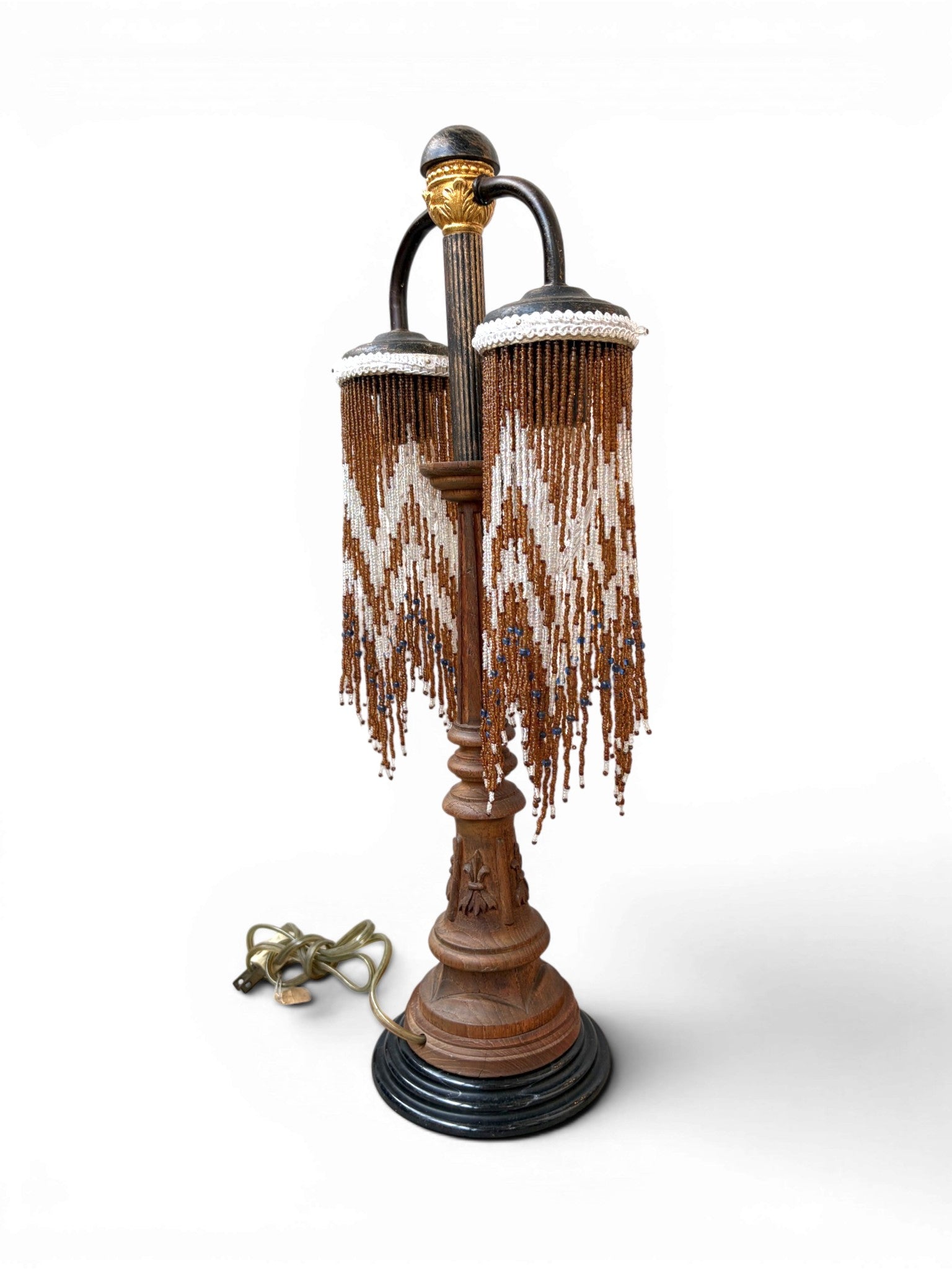 A Vintage Table Lamp With Two-Metal-Arm Beaded Fringe Shades and a Wooden Body - Surround Living - 11