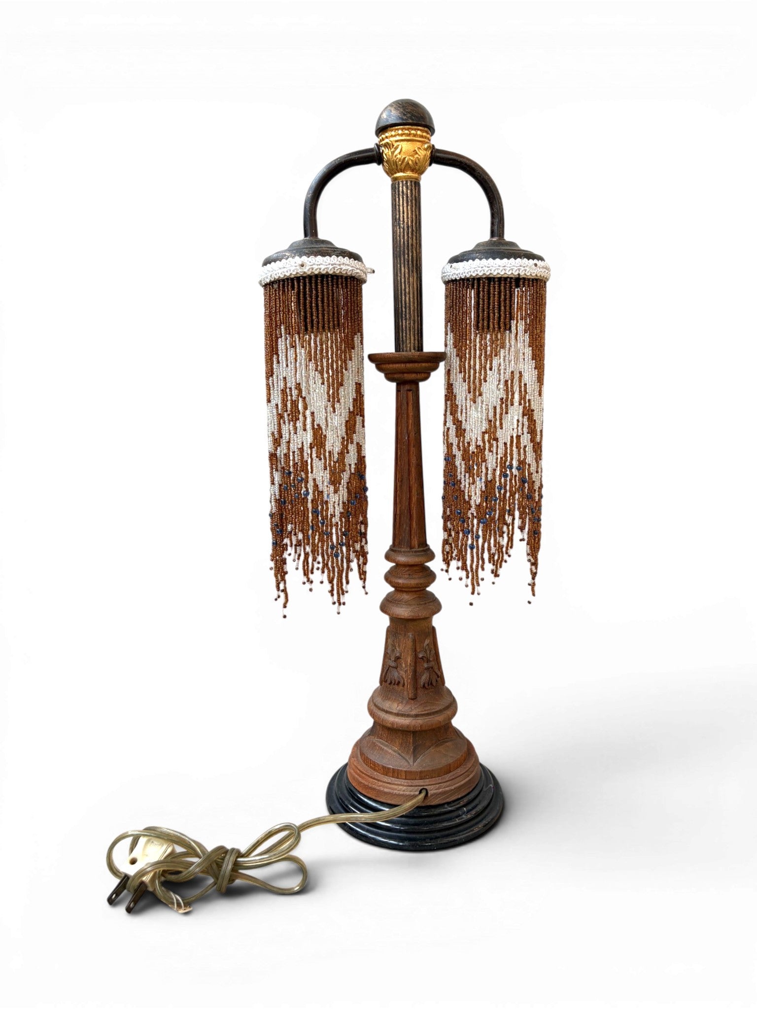 A Vintage Table Lamp With Two-Metal-Arm Beaded Fringe Shades and a Wooden Body - Surround Living - 2