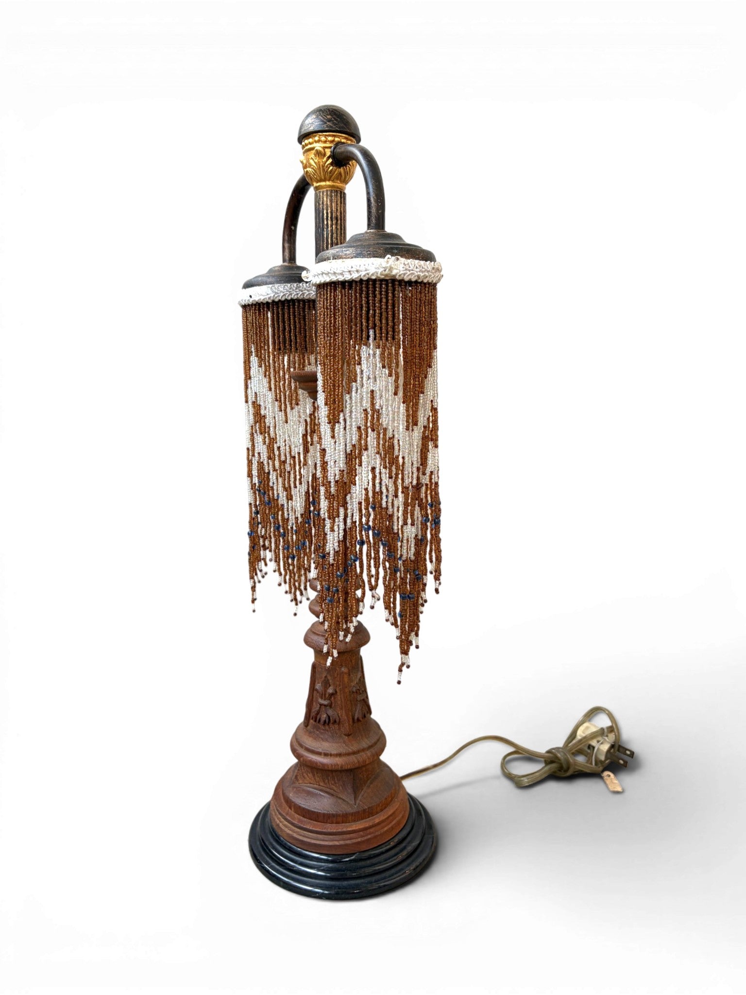 A Vintage Table Lamp With Two-Metal-Arm Beaded Fringe Shades and a Wooden Body - Surround Living - 12