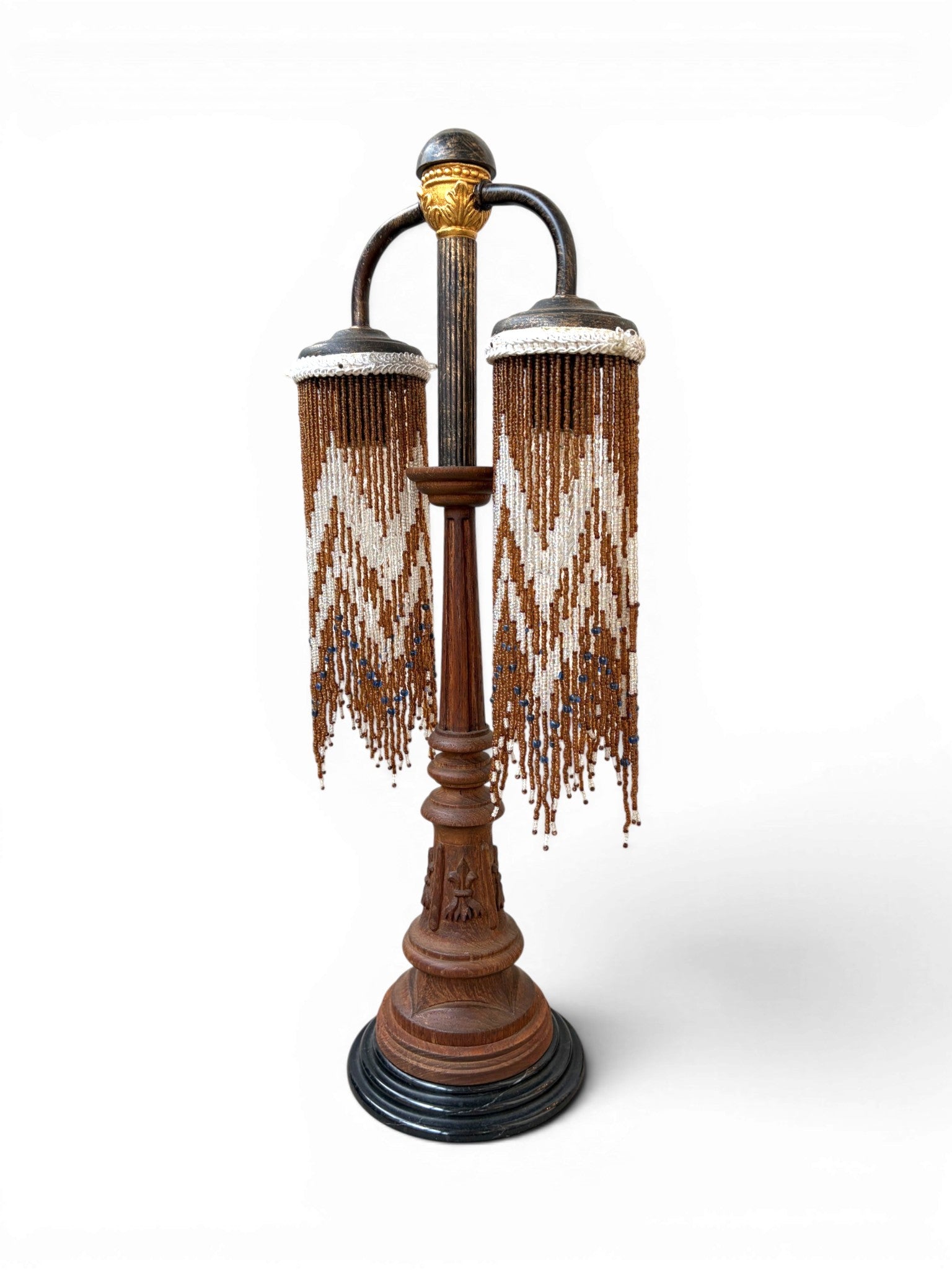 A Vintage Table Lamp With Two-Metal-Arm Beaded Fringe Shades and a Wooden Body - Surround Living - 13