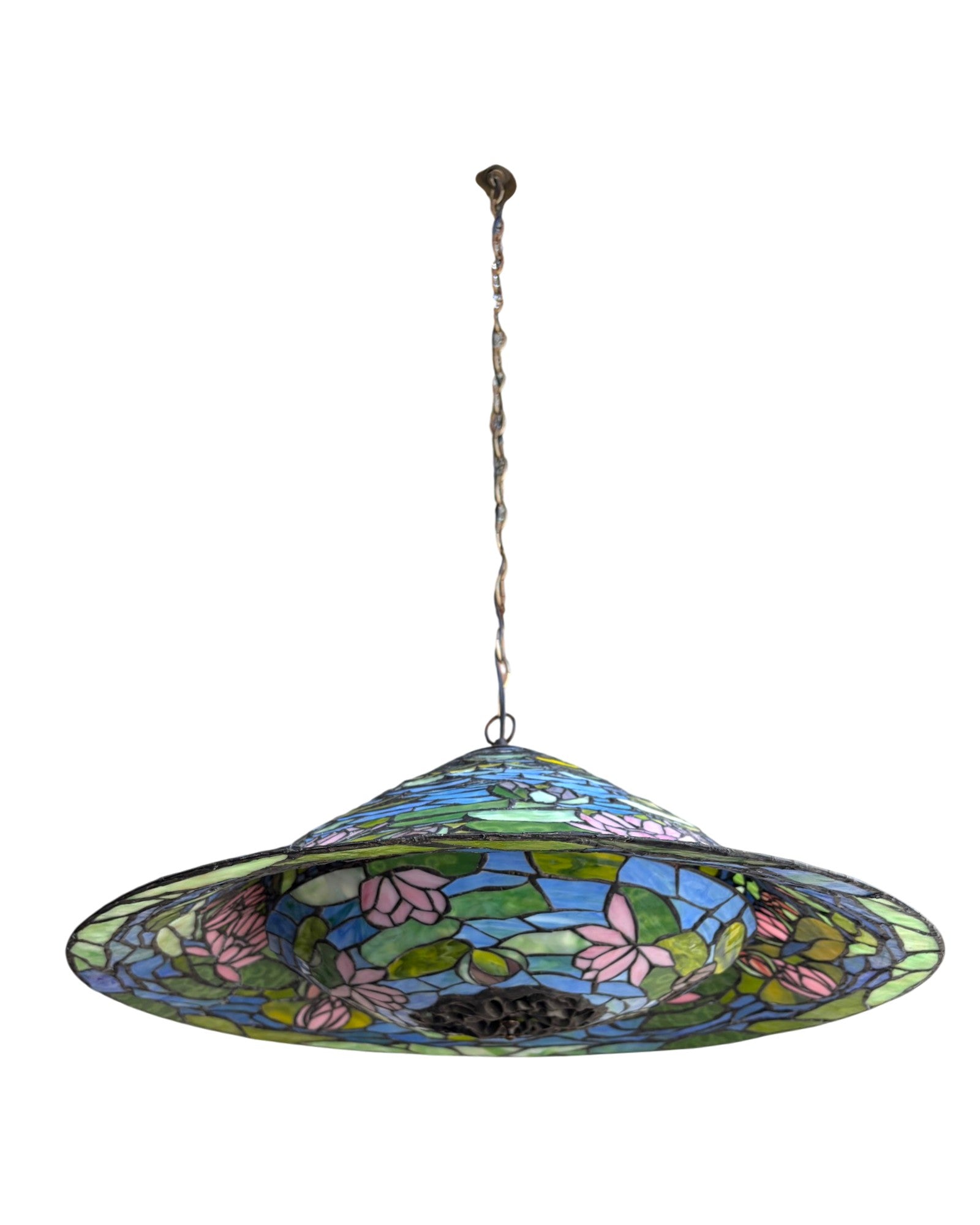 A Lotus Saucer-Shaped Tiffany-Style Stained Glass Pendant Lamp - Surround Living - 2