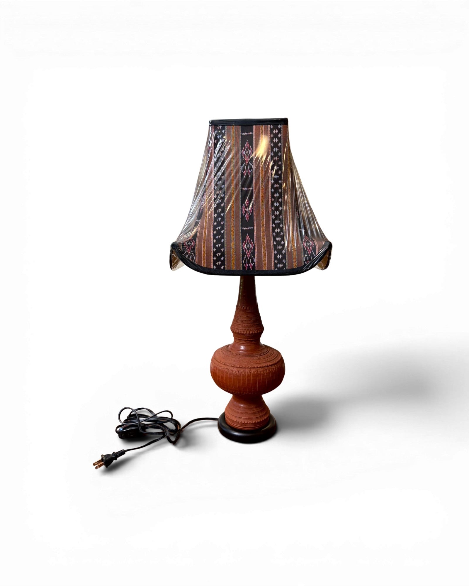 Carved Terracotta Table Lamp with Tribal Stripe Textile Shade - Surround Living - 1
