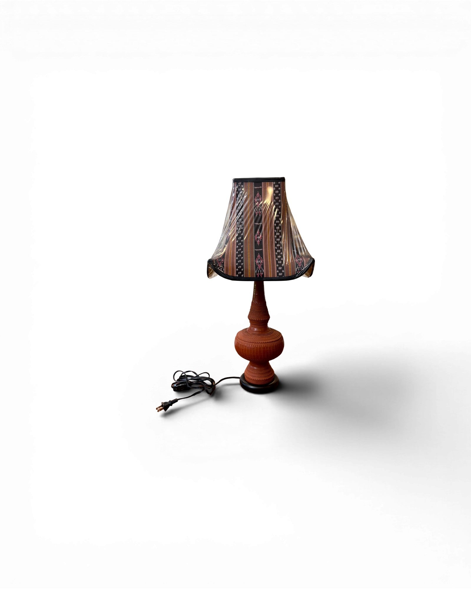 Carved Terracotta Table Lamp with Tribal Stripe Textile Shade - Surround Living - 2