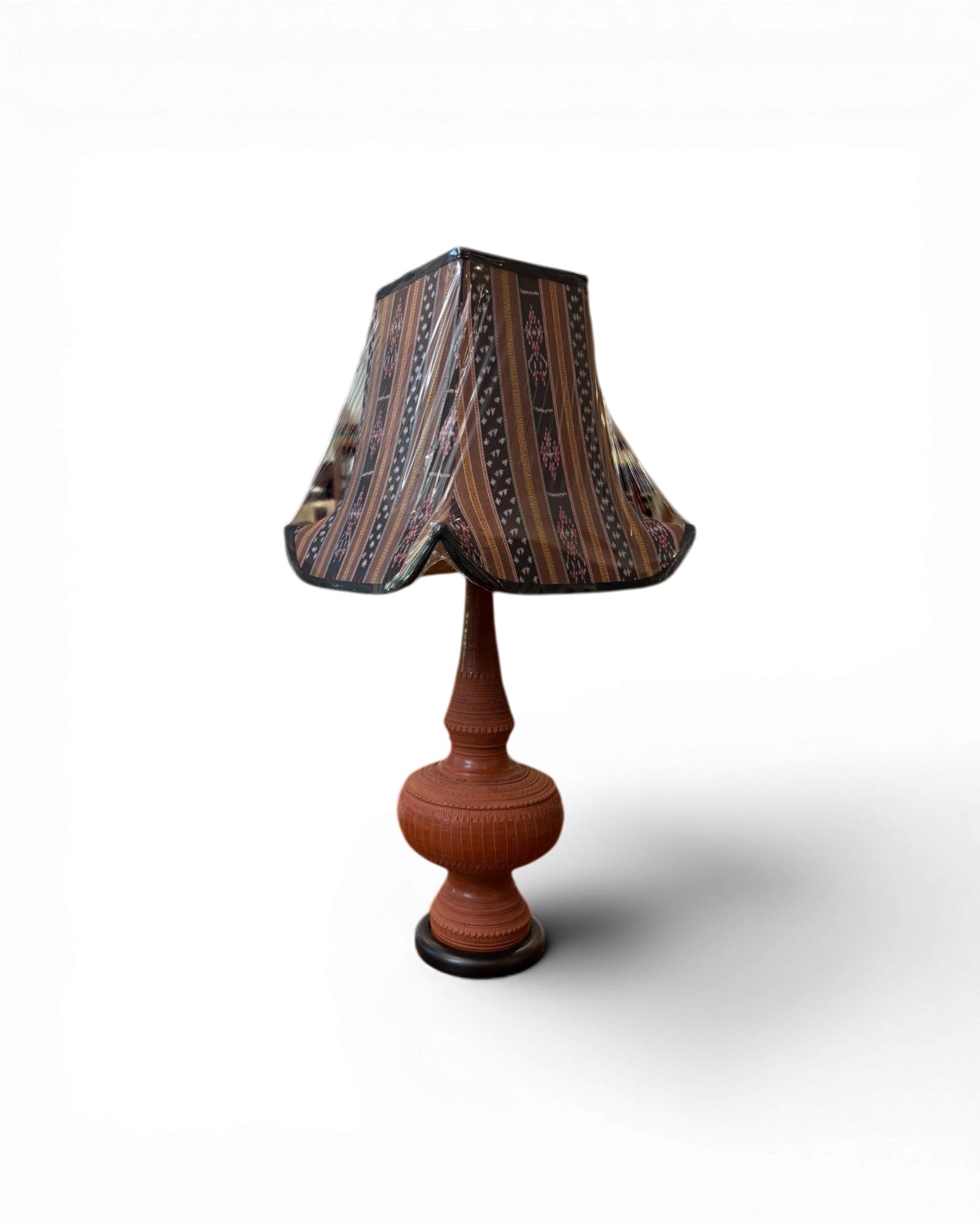 Carved Terracotta Table Lamp with Tribal Stripe Textile Shade - Surround Living - 4