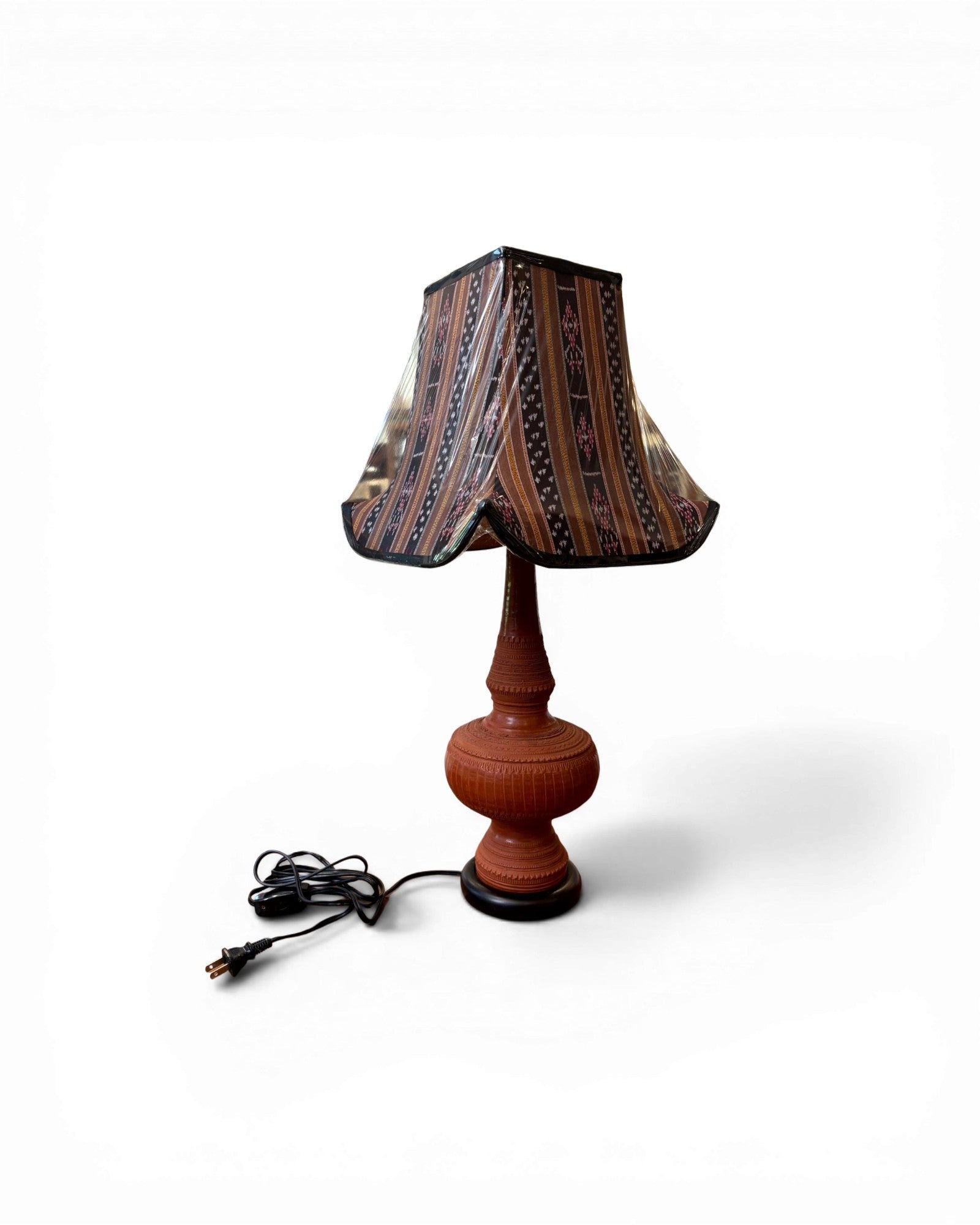 Carved Terracotta Table Lamp with Tribal Stripe Textile Shade - Surround Living - 3
