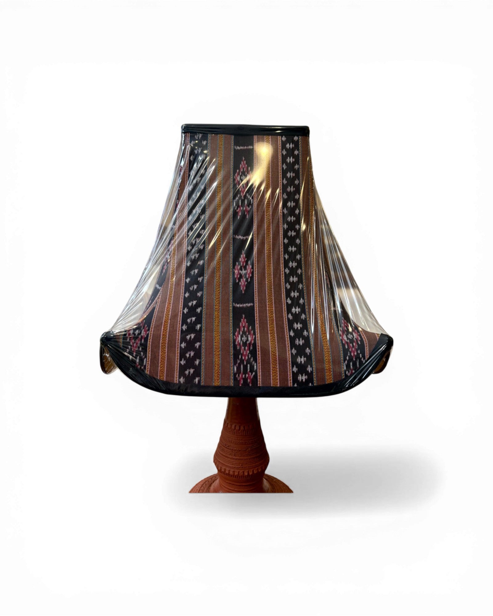 Carved Terracotta Table Lamp with Tribal Stripe Textile Shade - Surround Living - 8