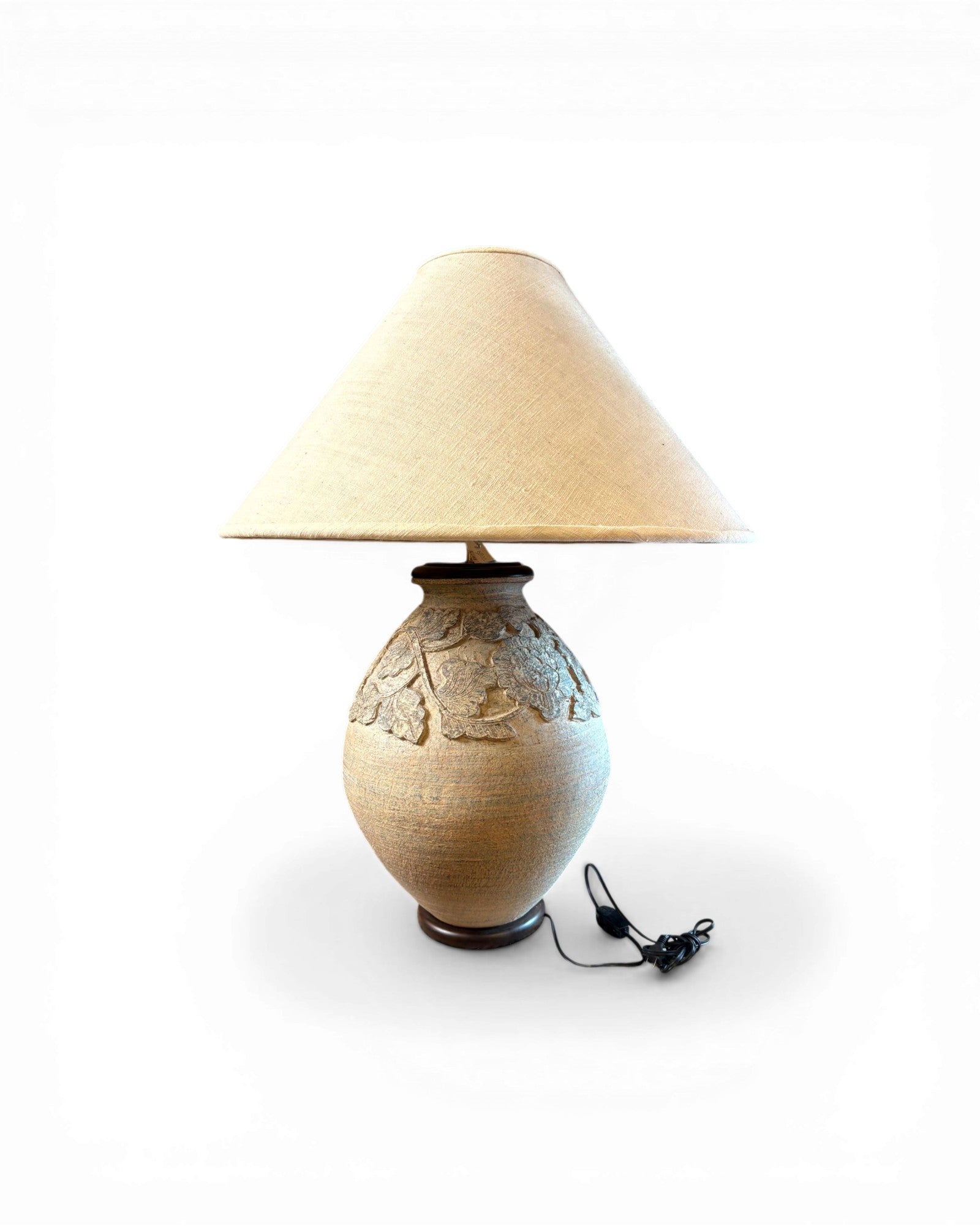 Textured Ceramic Table Lamp with Floral Relief & Natural Linen Shade - Surround Living - 2