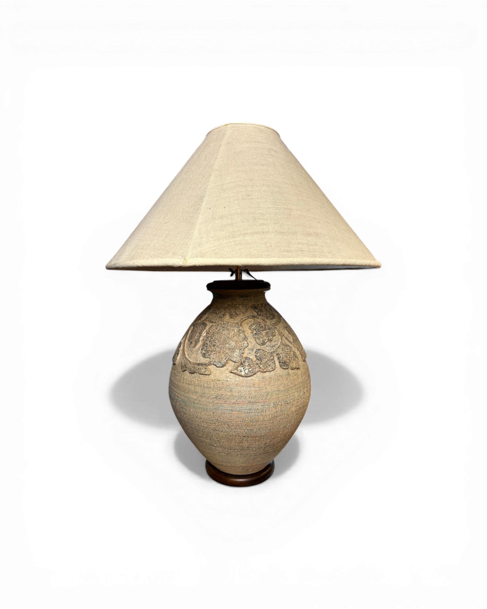 Textured Ceramic Table Lamp with Floral Relief & Natural Linen Shade - Surround Living - 3