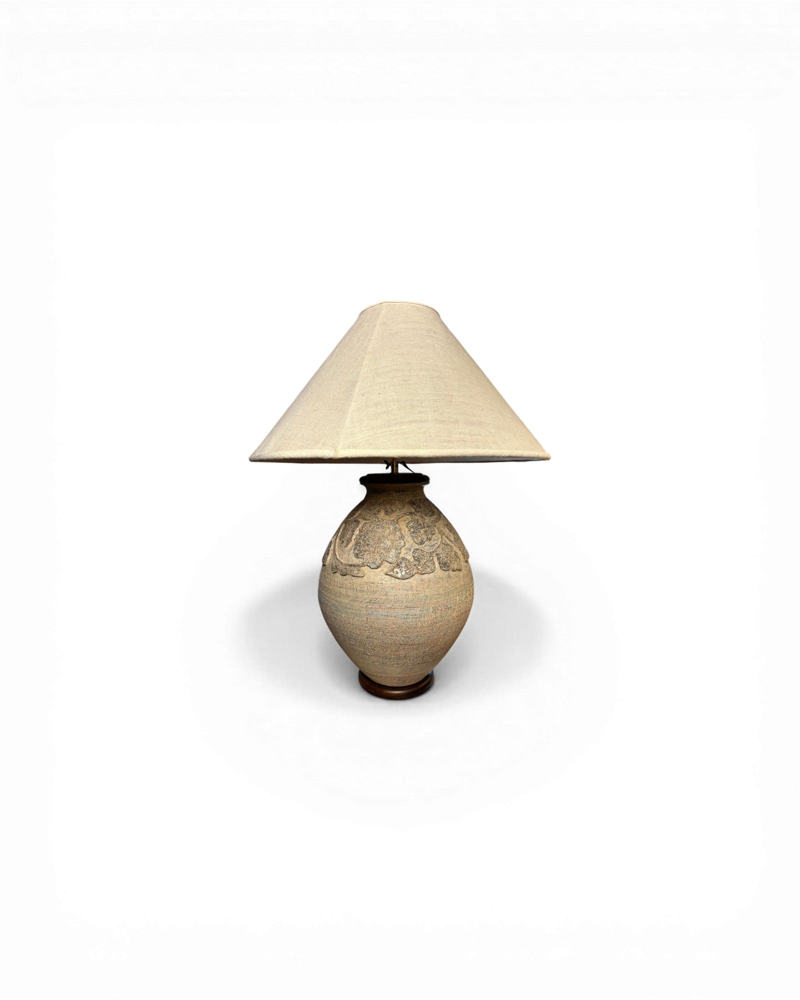 Textured Ceramic Table Lamp with Floral Relief & Natural Linen Shade - Surround Living - 1