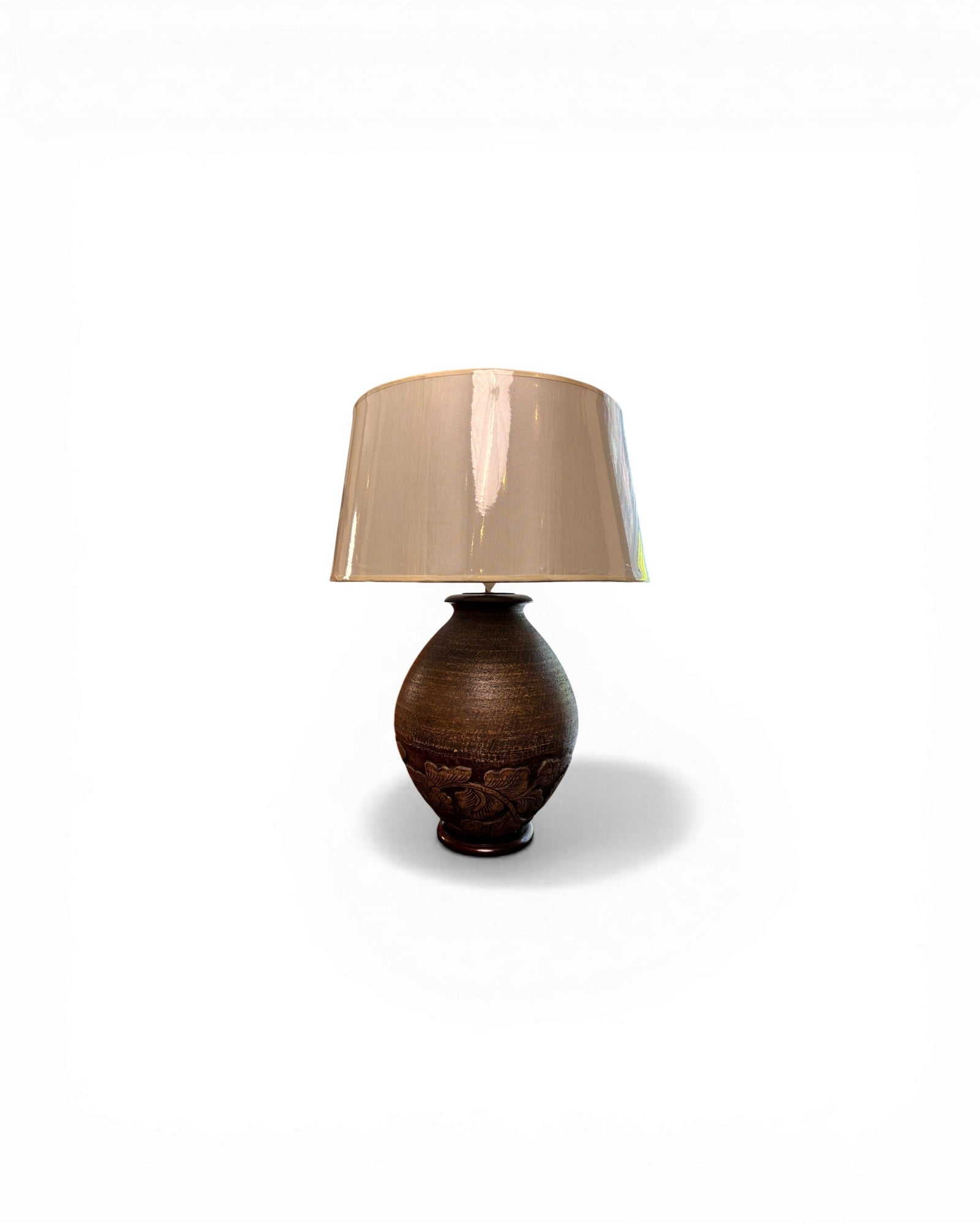Dark Cocoa Carved Ceramic Table Lamp with Gloss Linen Shade - Surround Living - 1