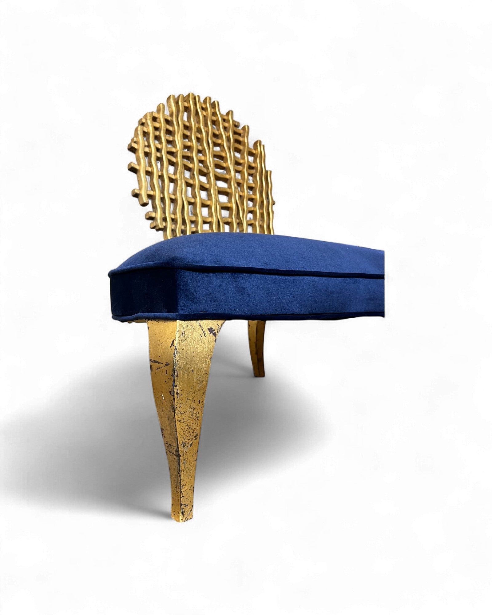 Golden Web Back Art Deco Blue Velvet Bench Surround Living