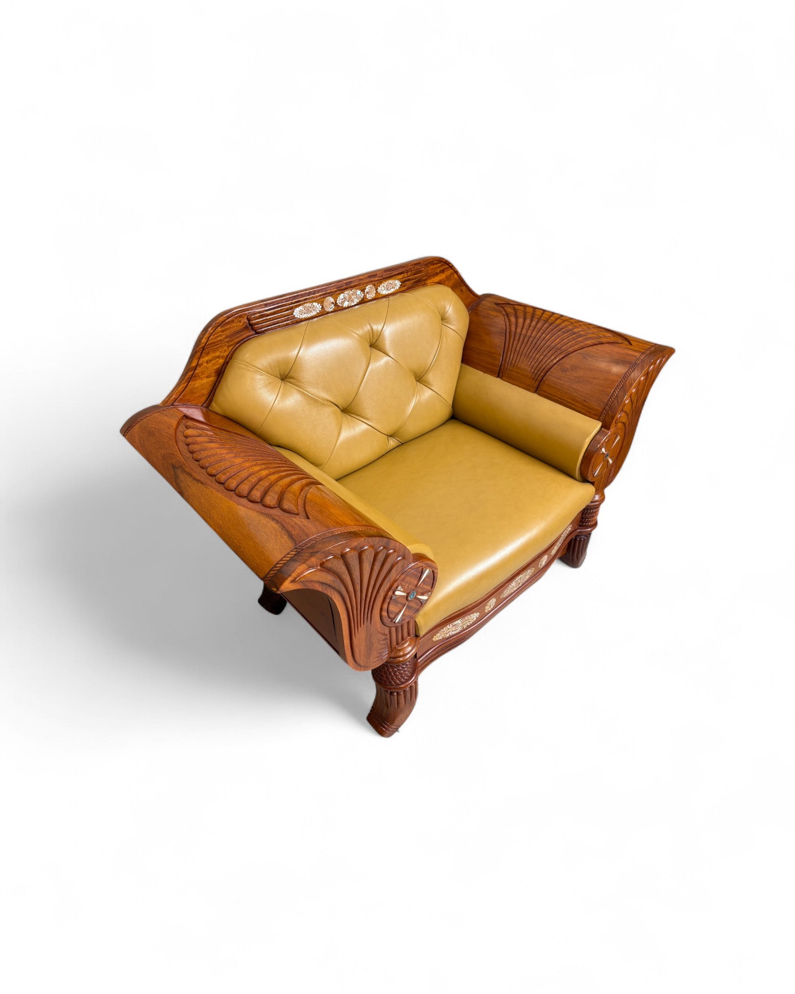 Chinese Art Deco Rosewood & Leather Armchair with Pearl Inlay - Reproduction