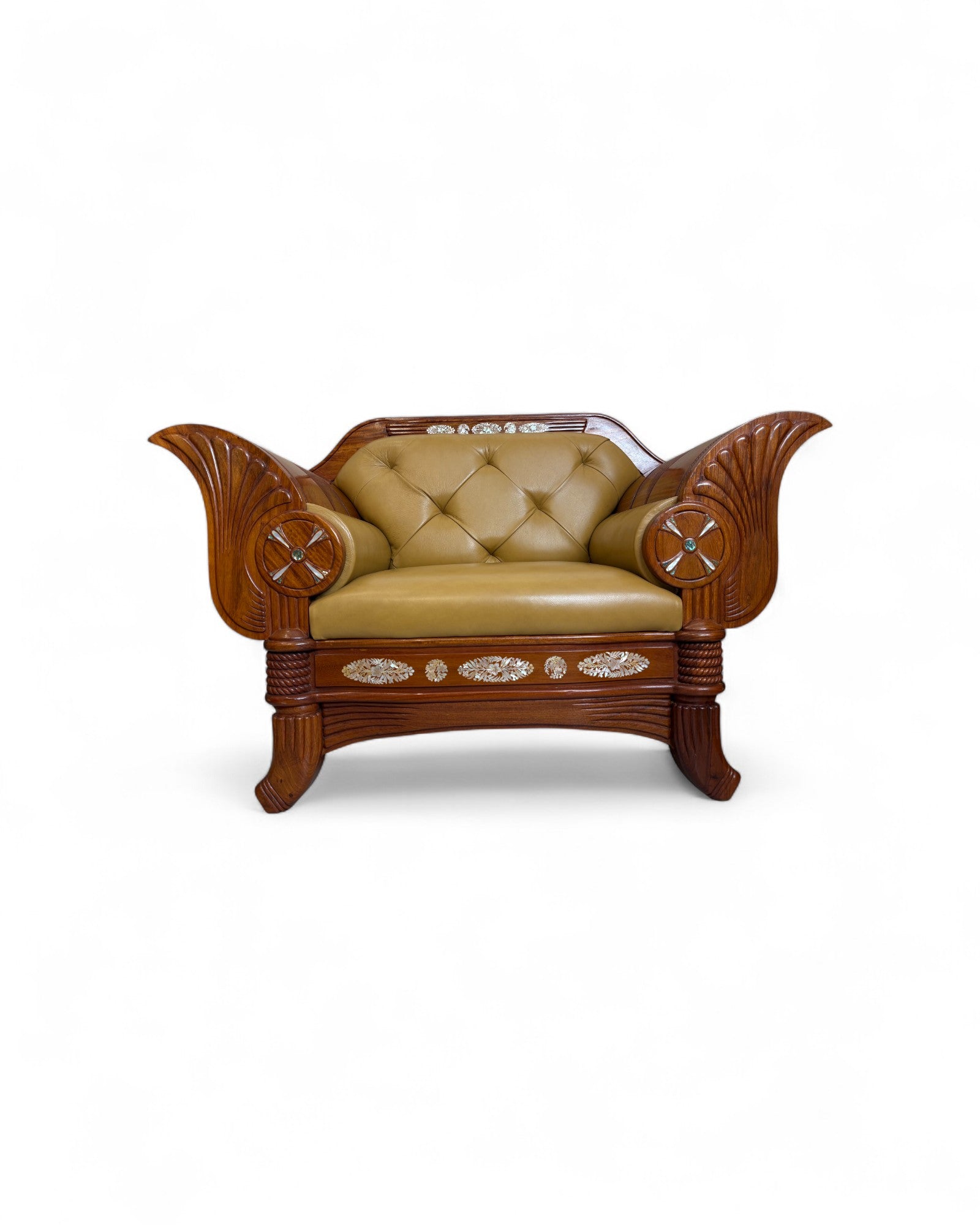 Chinese Art Deco Rosewood & Leather Armchair with Pearl Inlay - Reproduction