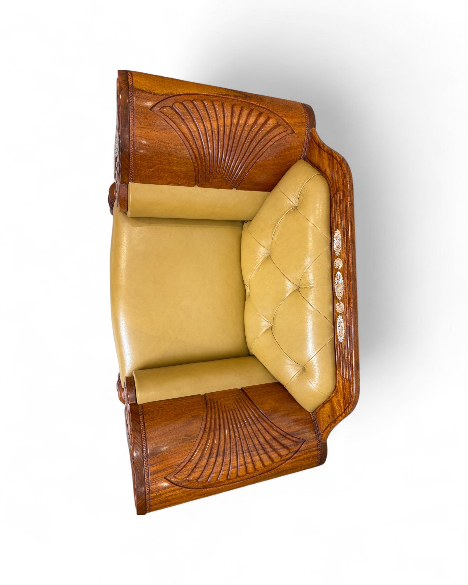 Chinese Art Deco Rosewood & Leather Armchair with Pearl Inlay - Reproduction