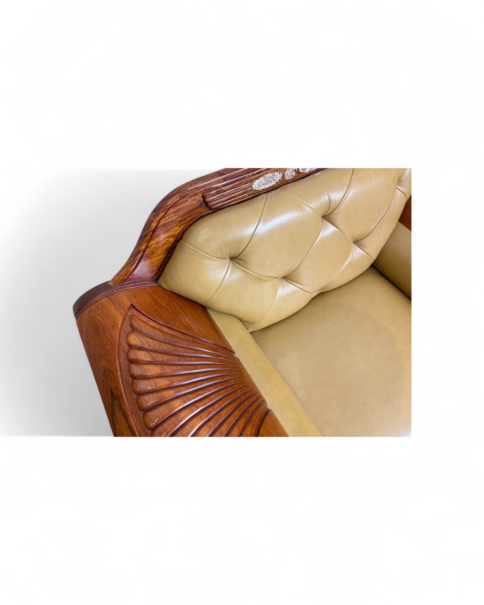 Chinese Art Deco Rosewood & Leather Armchair with Pearl Inlay - Reproduction