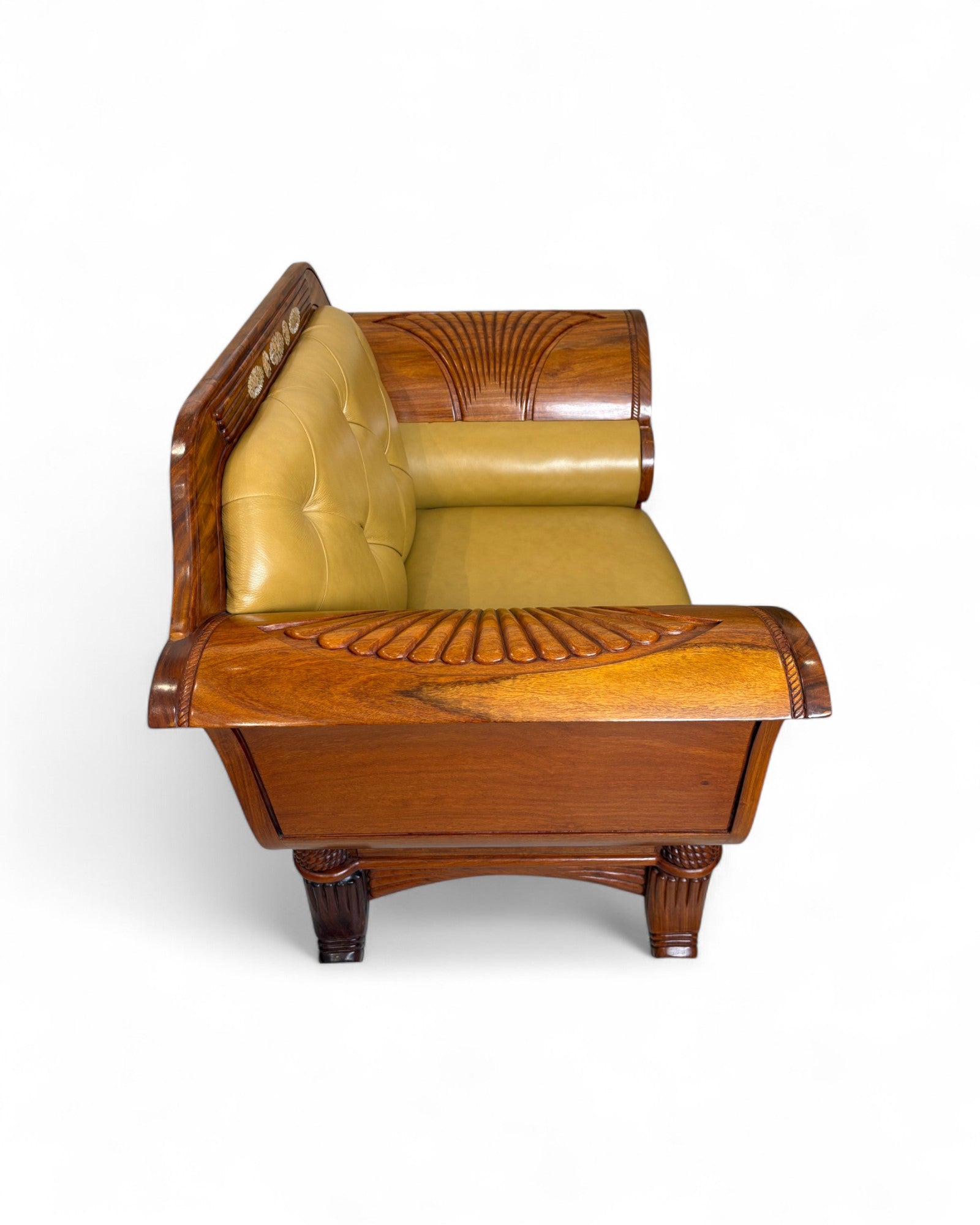 Chinese Art Deco Rosewood & Leather Armchair with Pearl Inlay - Reproduction
