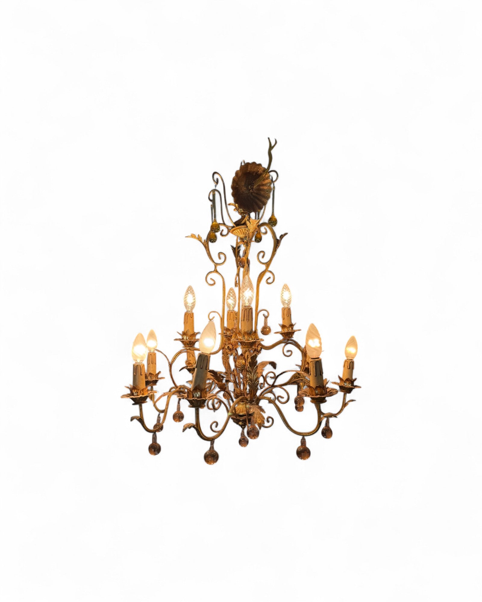 Italian Toleware Golden Chandelier with Murano Glass Droplets