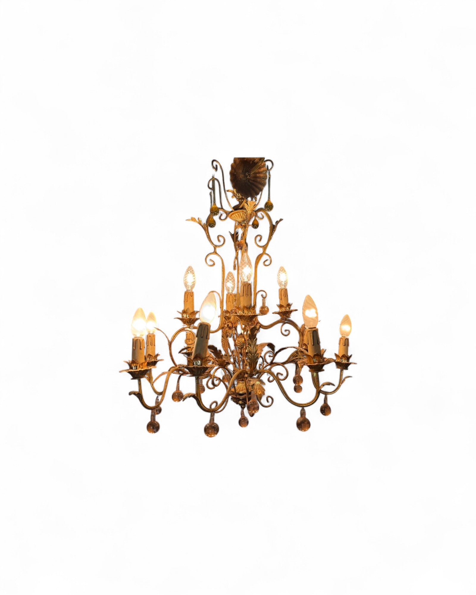 Italian Toleware Golden Chandelier with Murano Glass Droplets