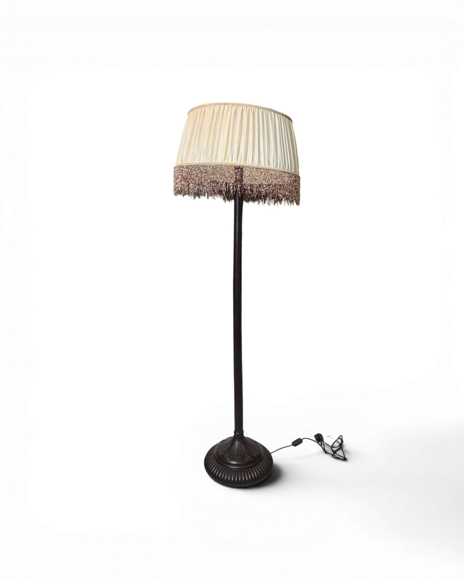 Vintage Floor Lamp with Cream-Colored Pleated Lampshade and Fringe Trim - Surround Living - 2