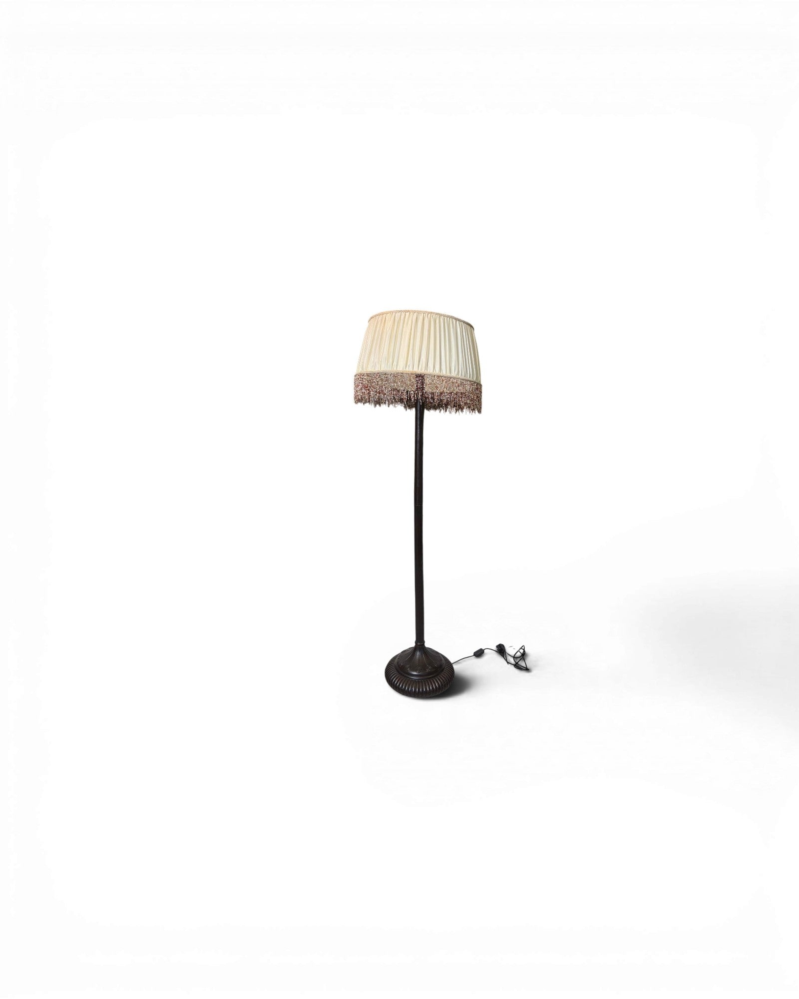 Vintage Floor Lamp with Cream-Colored Pleated Lampshade and Fringe Trim - Surround Living - 1