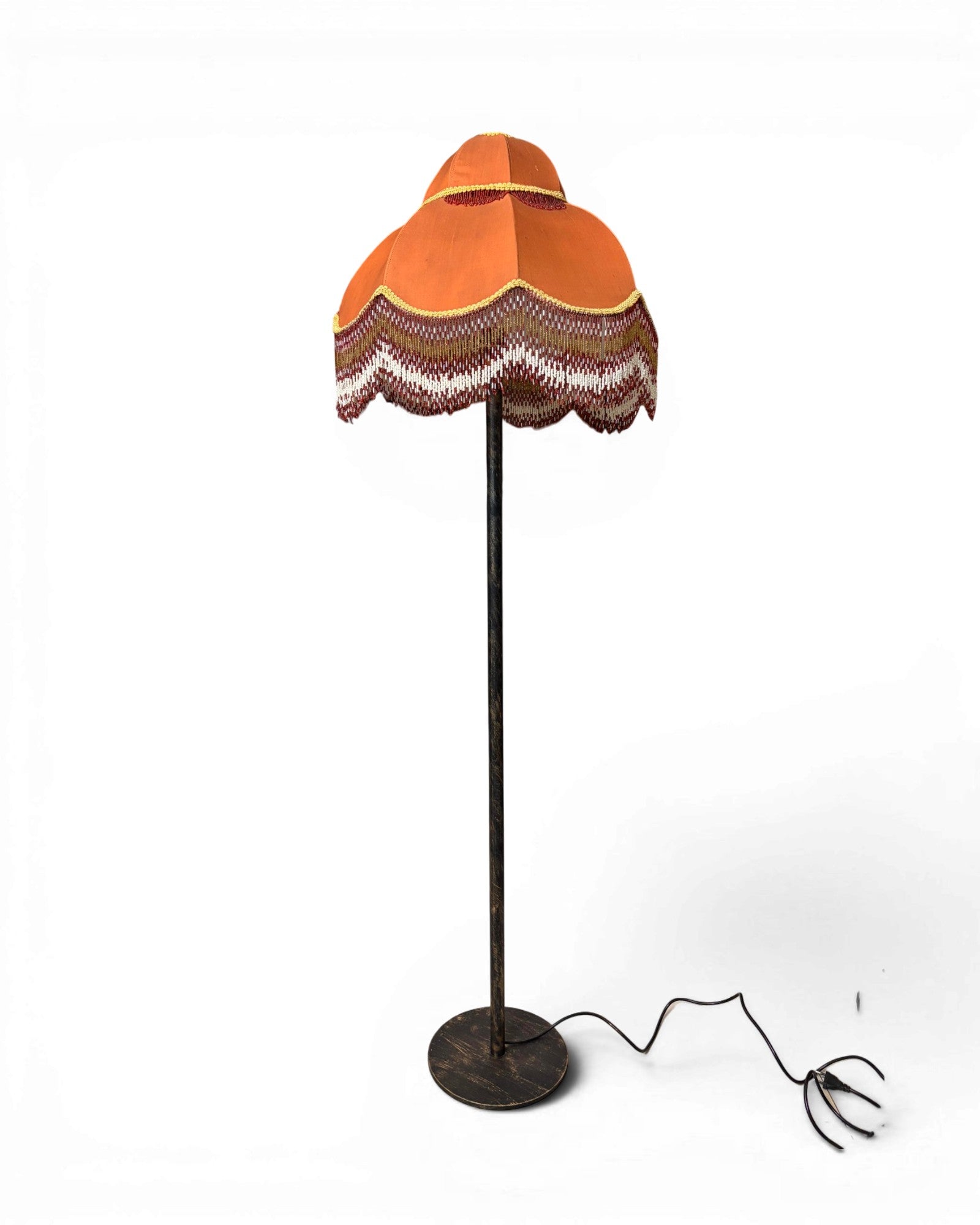 Vintage Floor Lamp with Bell-Shaped Orange Lampshade and Fringe Trim