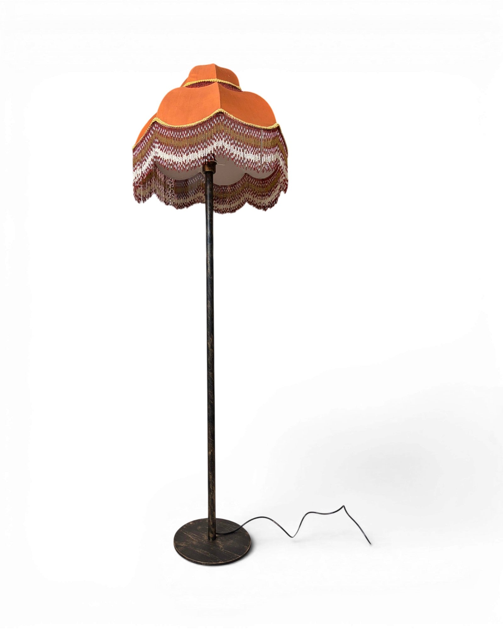 Vintage Floor Lamp with Bell-Shaped Orange Lampshade and Fringe Trim