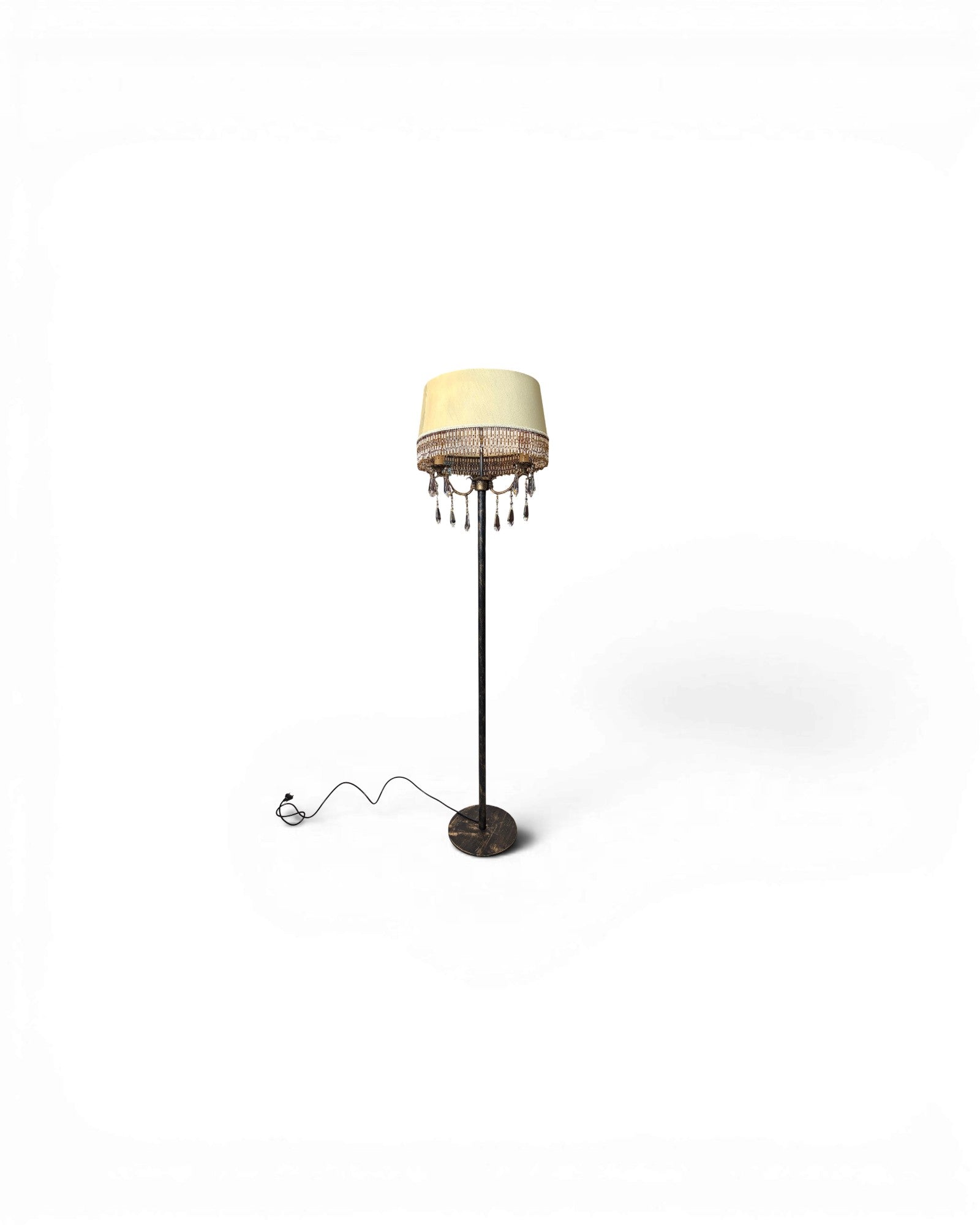 Vintage Floor Lamp with Cream-Colored Lampshade with Fringe Trim and Crystals - Surround Living - 1