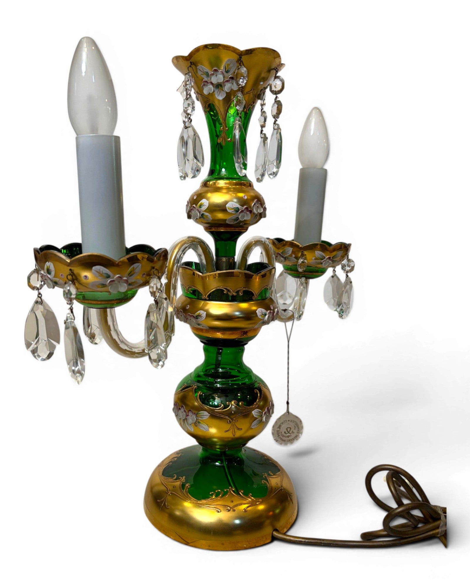 Two-arm Emerald Colored Bohemian Table Lamp