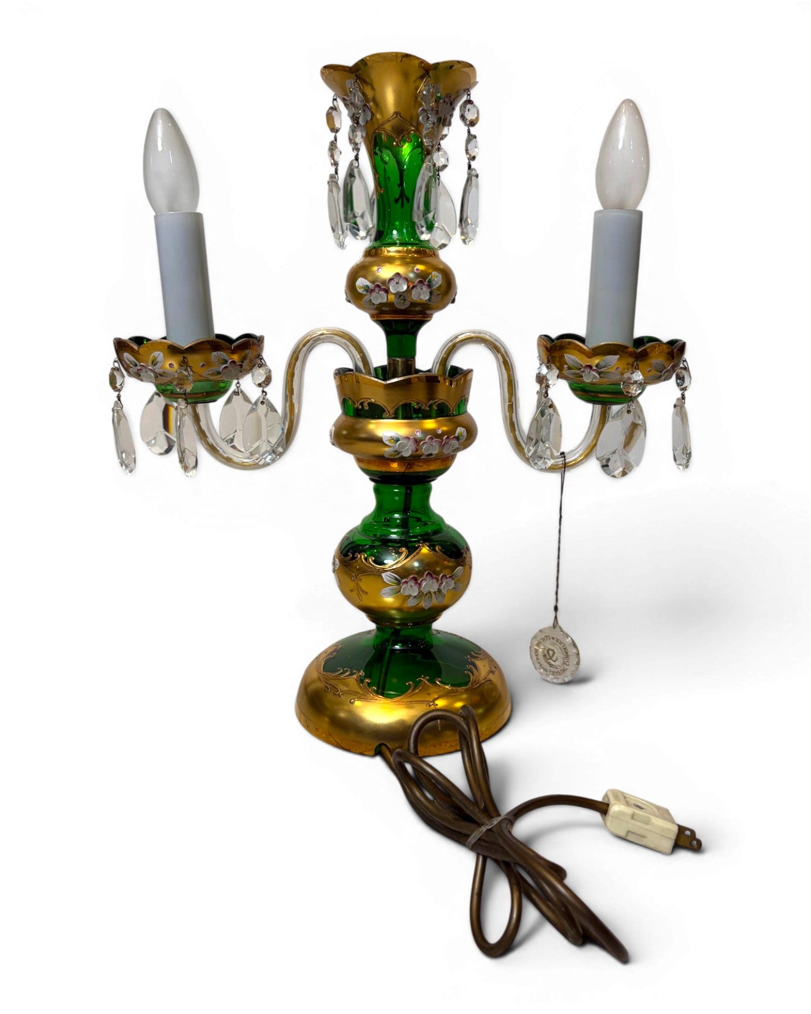Two-arm Emerald Colored Bohemian Table Lamp