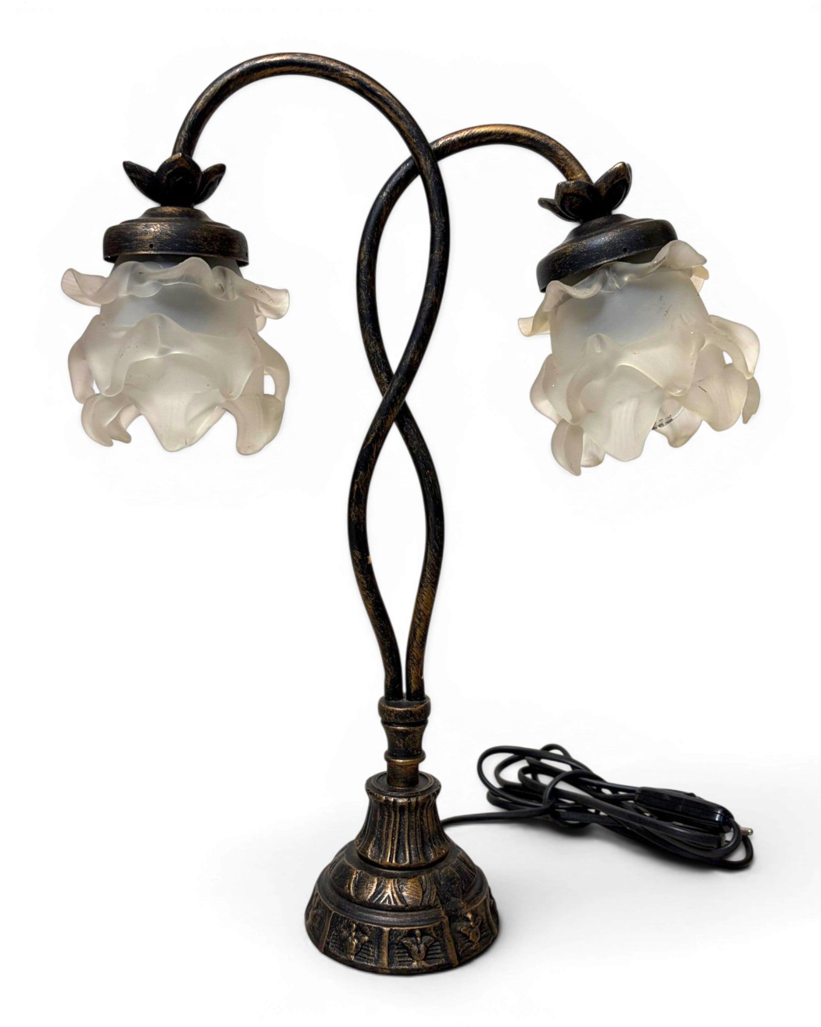 Vintage Table Lamp with Intertwining Arms and Two Frosted, Ruffled Glass Shades