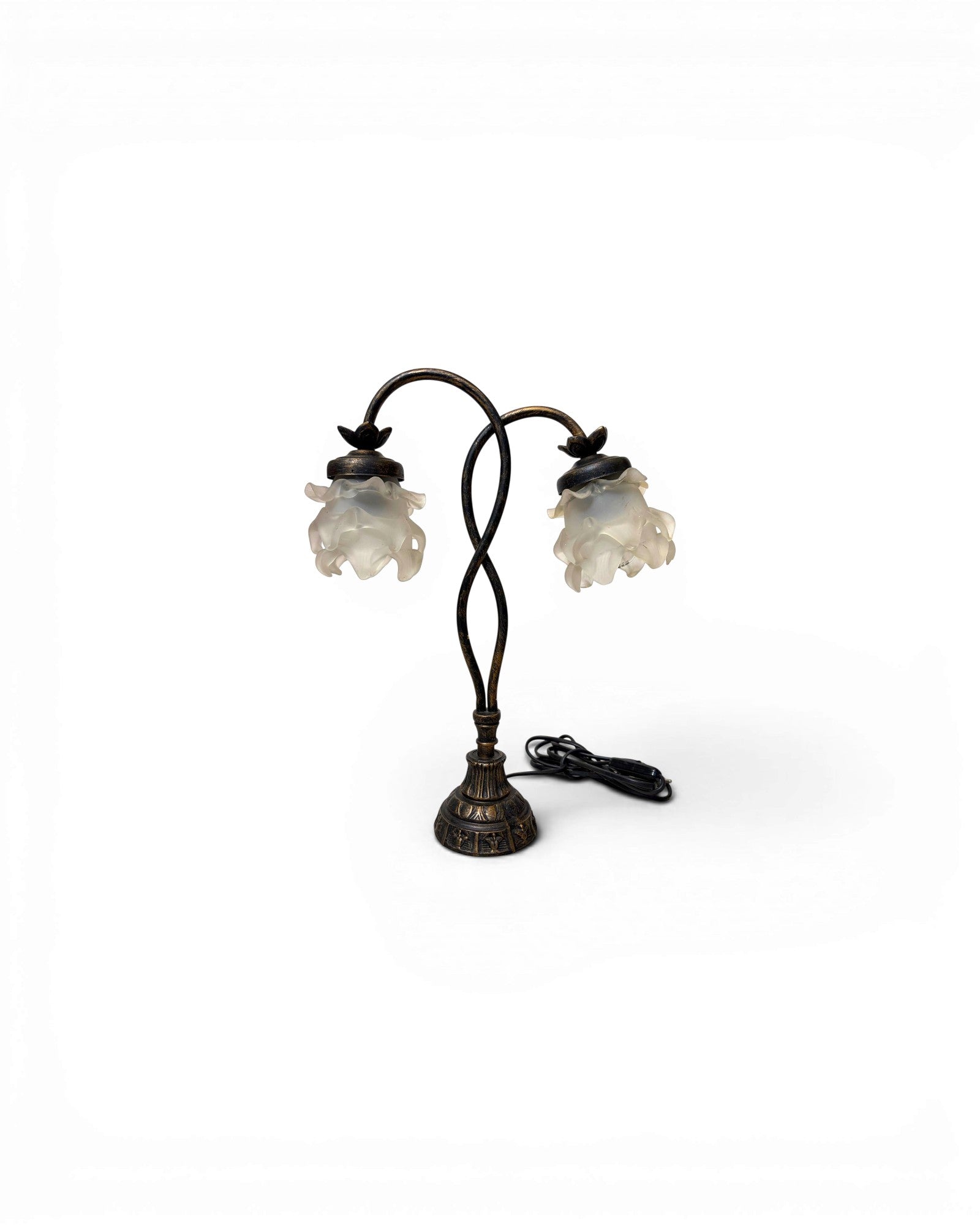 Vintage Table Lamp with Intertwining Arms and Two Frosted, Ruffled Glass Shades
