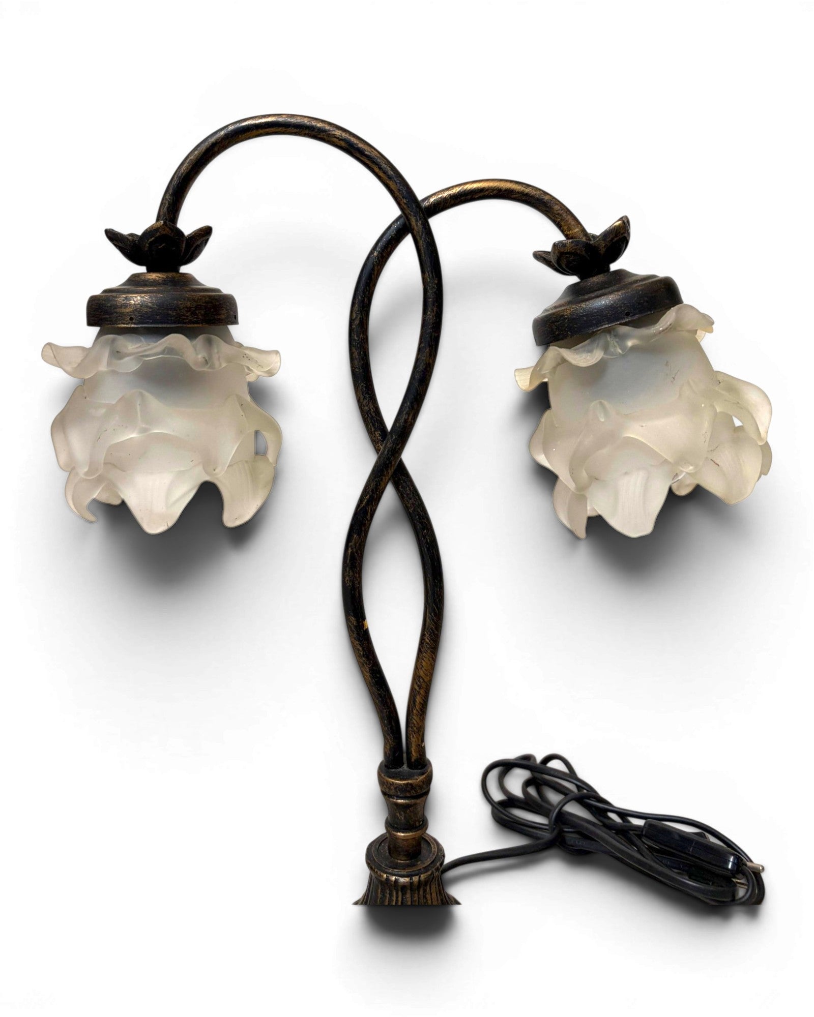 Vintage Table Lamp with Intertwining Arms and Two Frosted, Ruffled Glass Shades