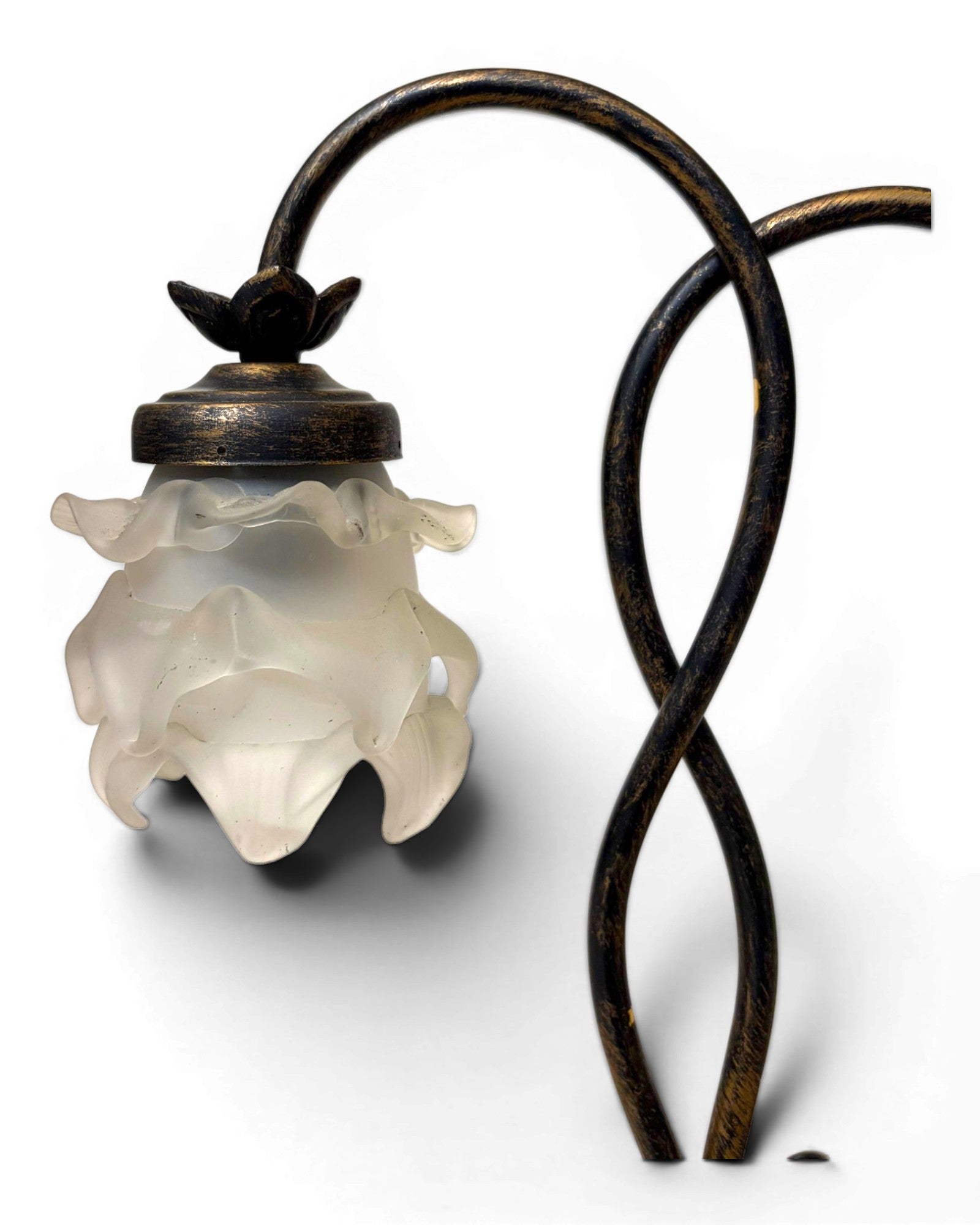Vintage Table Lamp with Intertwining Arms and Two Frosted, Ruffled Glass Shades
