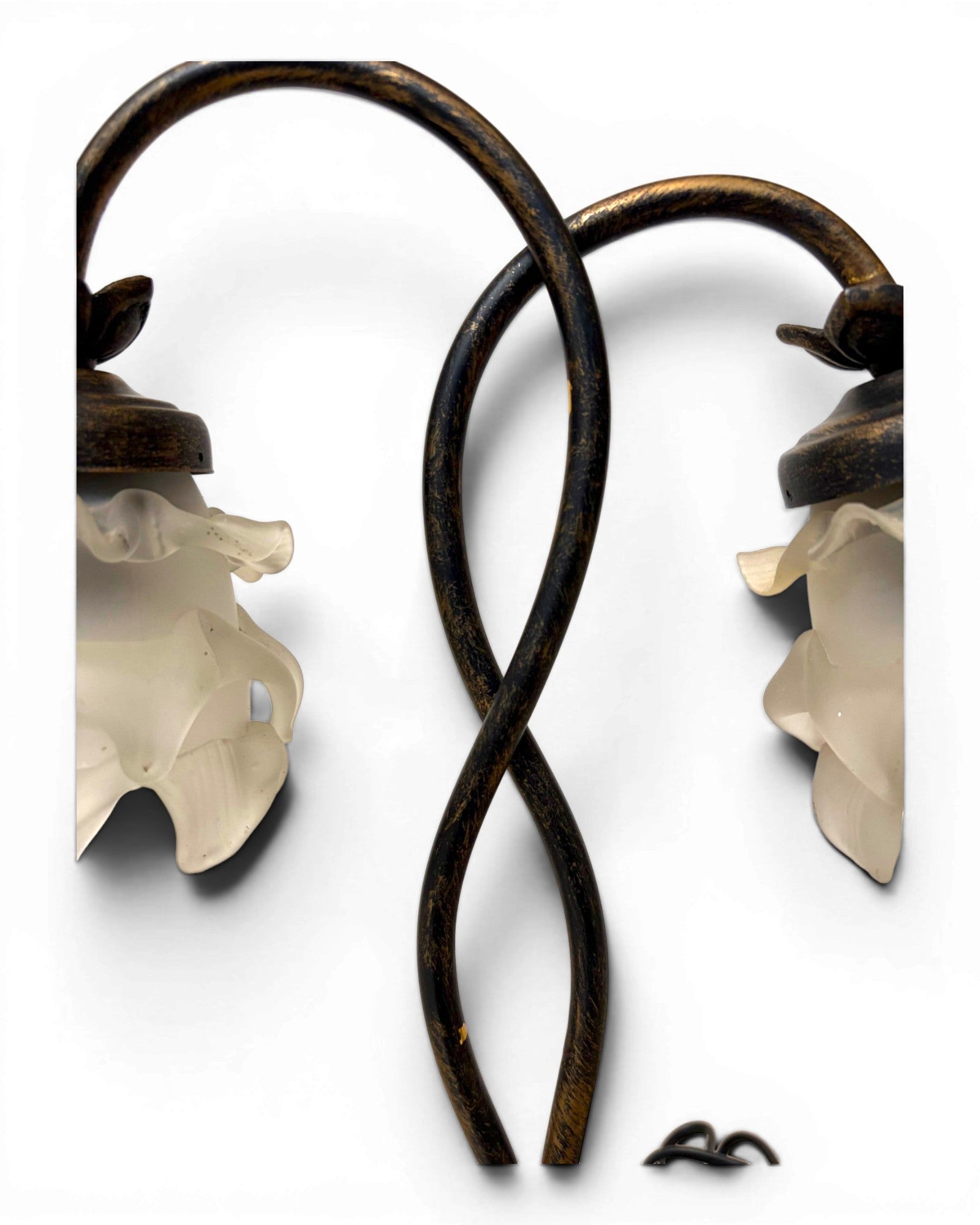 Vintage Table Lamp with Intertwining Arms and Two Frosted, Ruffled Glass Shades