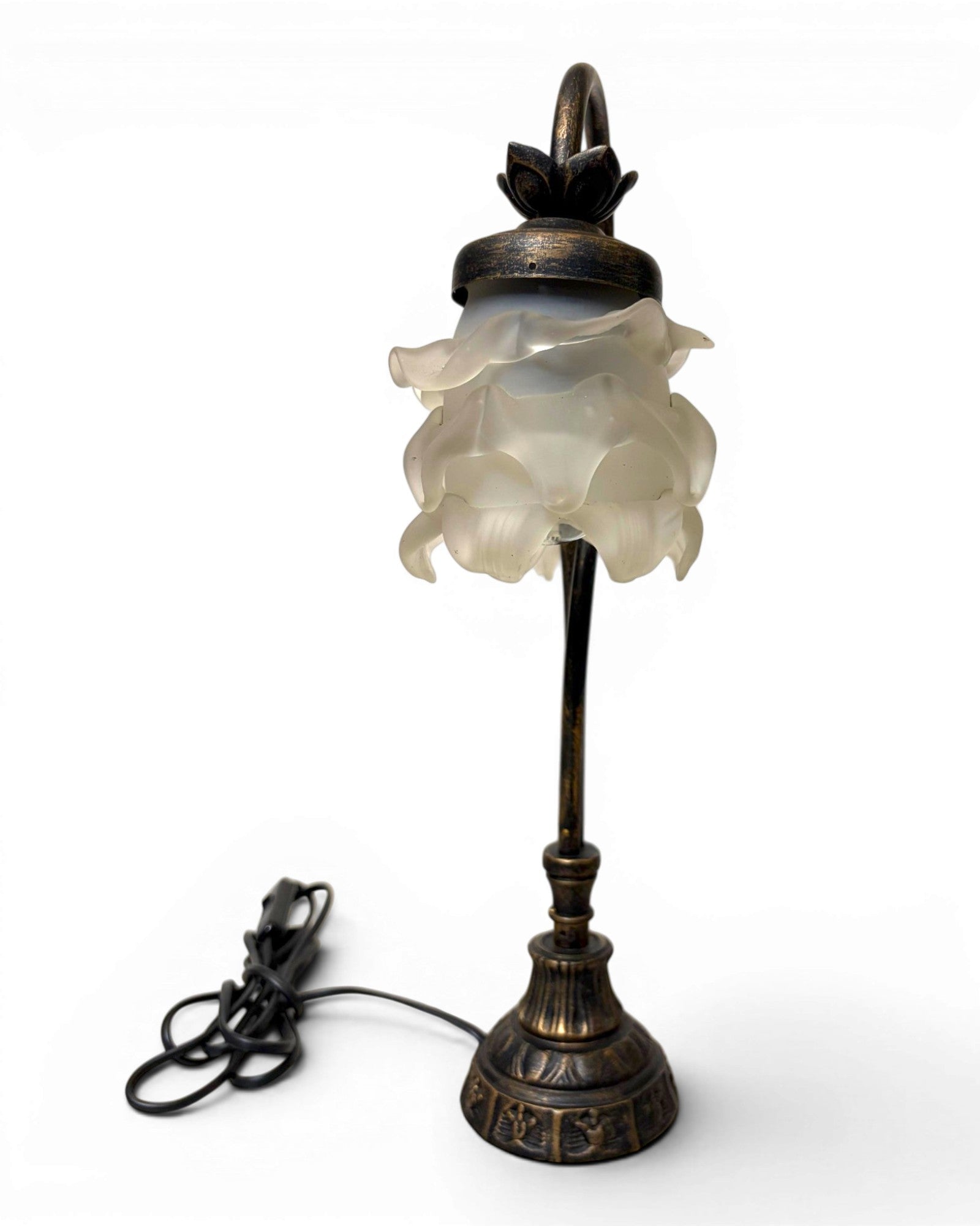 Vintage Table Lamp with Intertwining Arms and Two Frosted, Ruffled Glass Shades