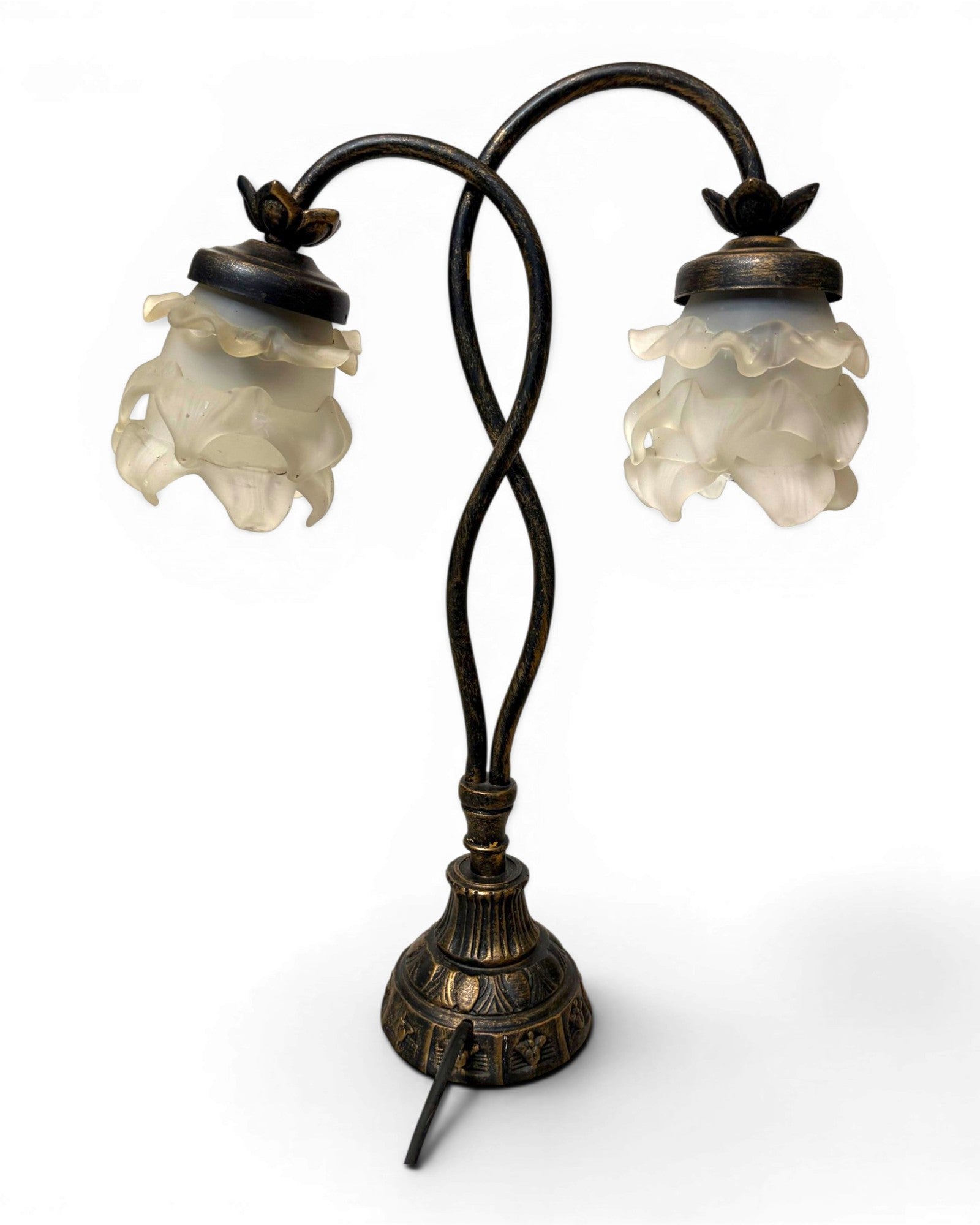 Vintage Table Lamp with Intertwining Arms and Two Frosted, Ruffled Glass Shades