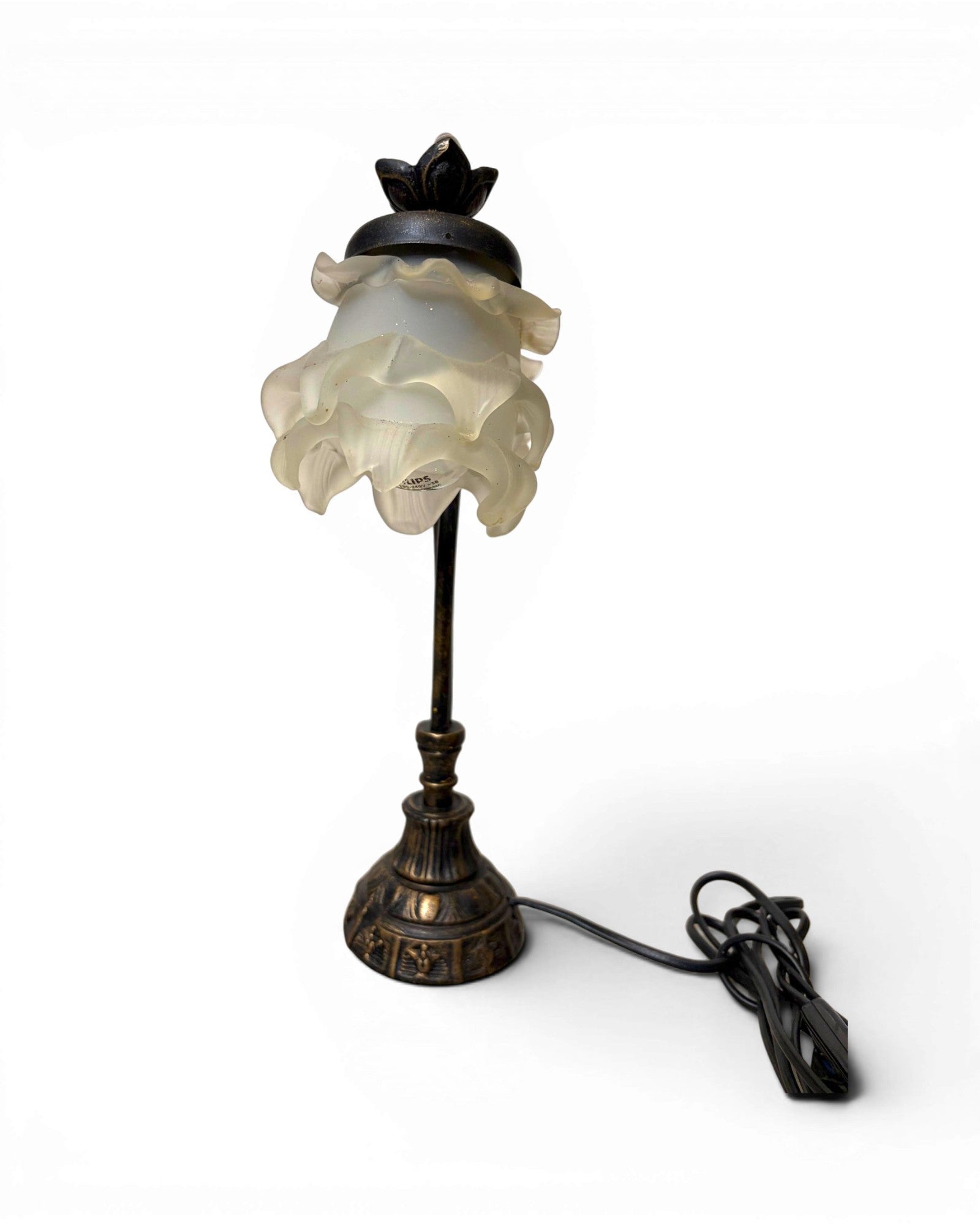 Vintage Table Lamp with Intertwining Arms and Two Frosted, Ruffled Glass Shades