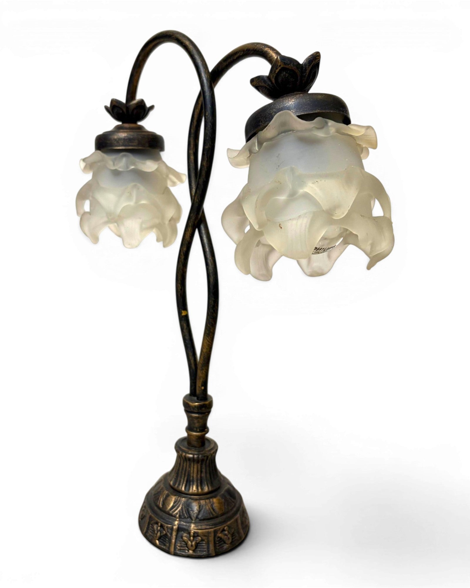 Vintage Table Lamp with Intertwining Arms and Two Frosted, Ruffled Glass Shades