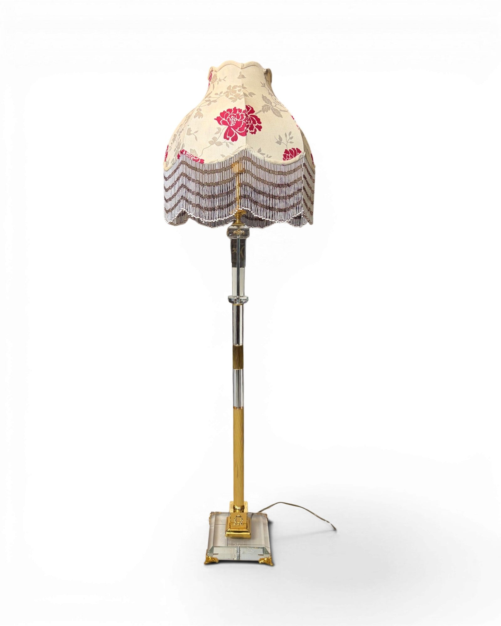Brass and Glass Column Floor Lamp with Cream-Colored Floral Motifs Lampshade with Fringe Trim. - Surround Living - 2