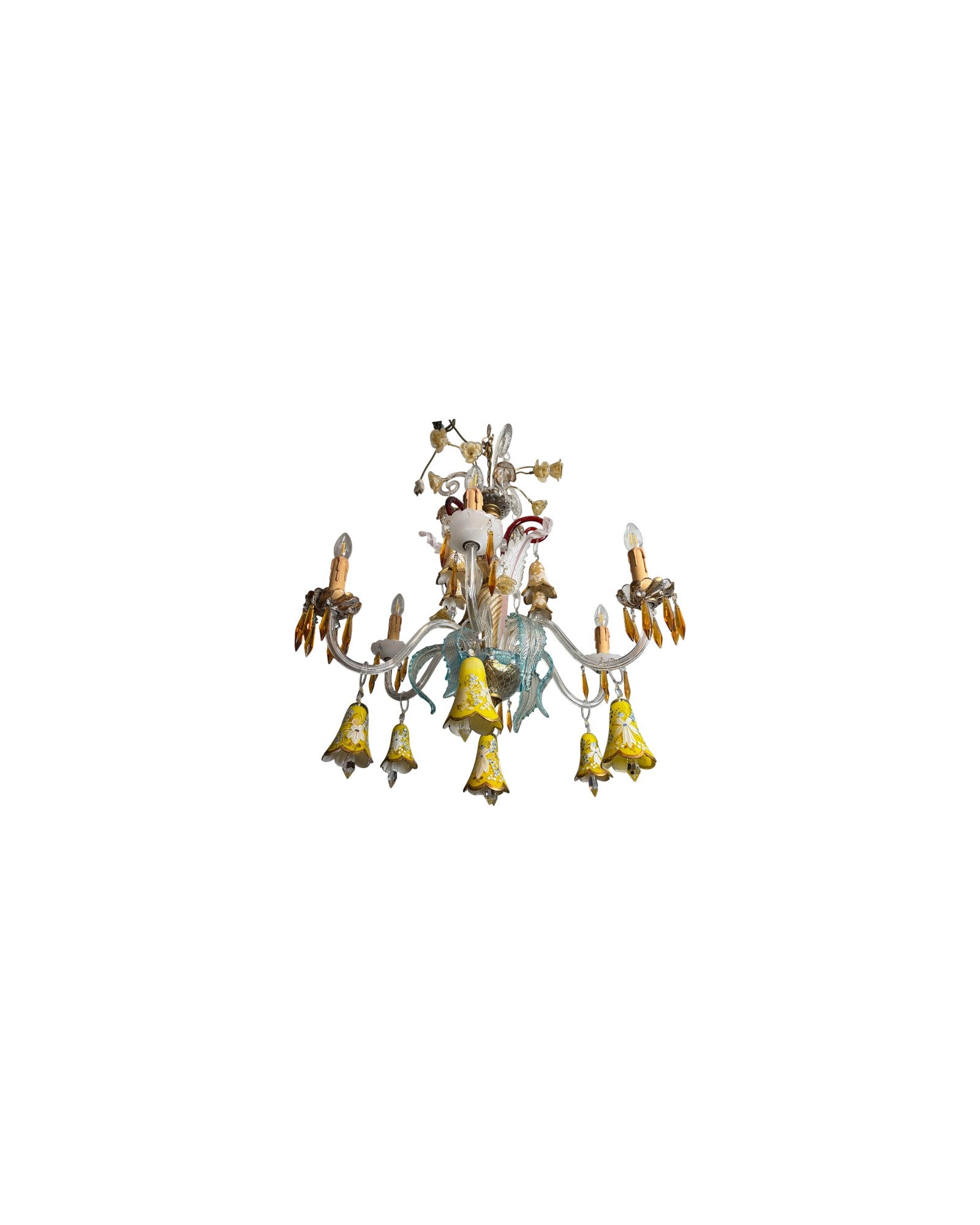 6-Arm Murano Chandelier with Yellow Flowers and Bell-Shaped Glasses