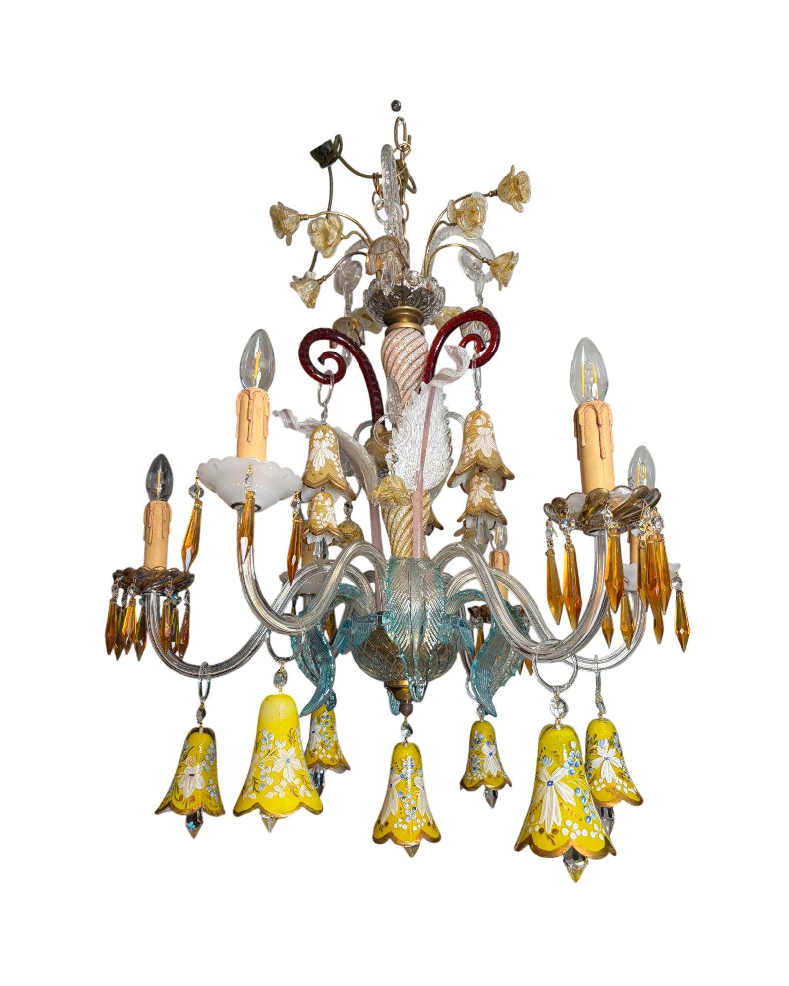 6-Arm Murano Chandelier with Yellow Flowers and Bell-Shaped Glasses