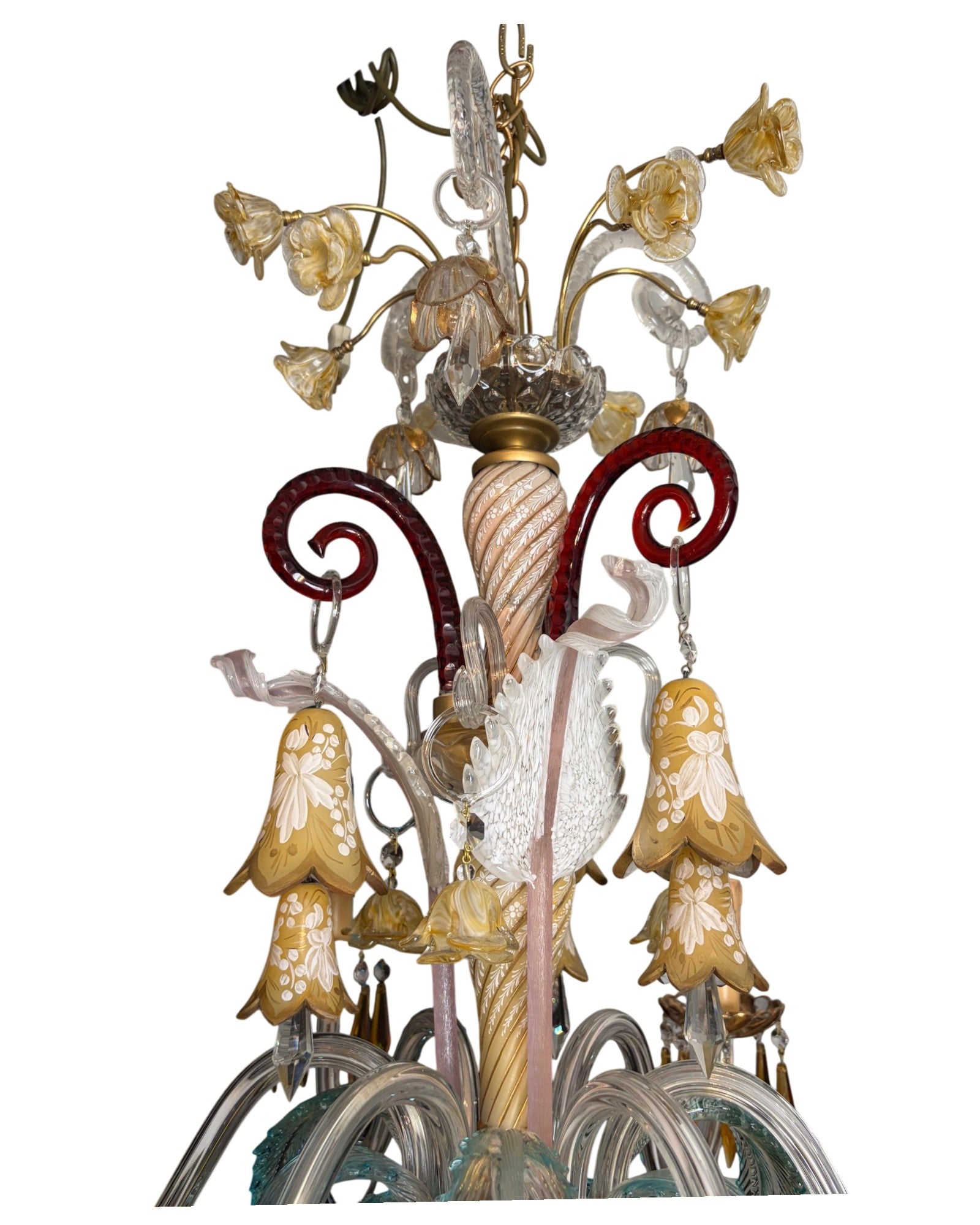 6-Arm Murano Chandelier with Yellow Flowers and Bell-Shaped Glasses