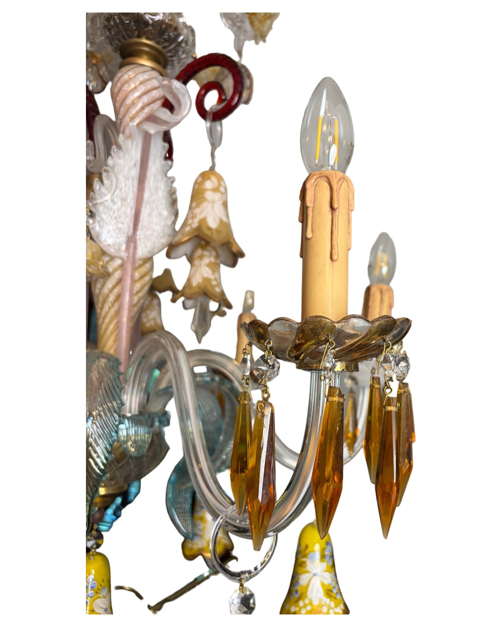 6-Arm Murano Chandelier with Yellow Flowers and Bell-Shaped Glasses