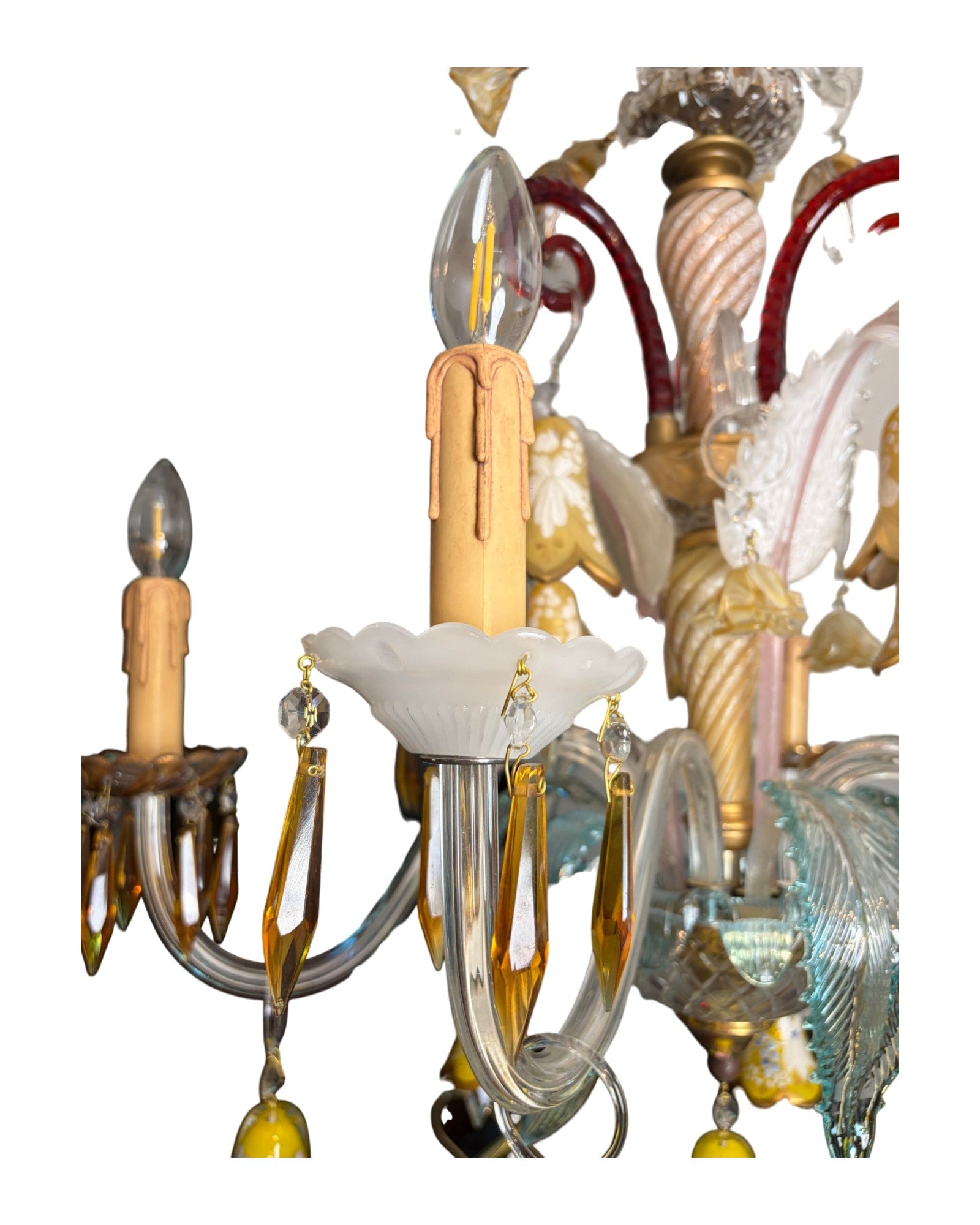 6-Arm Murano Chandelier with Yellow Flowers and Bell-Shaped Glasses