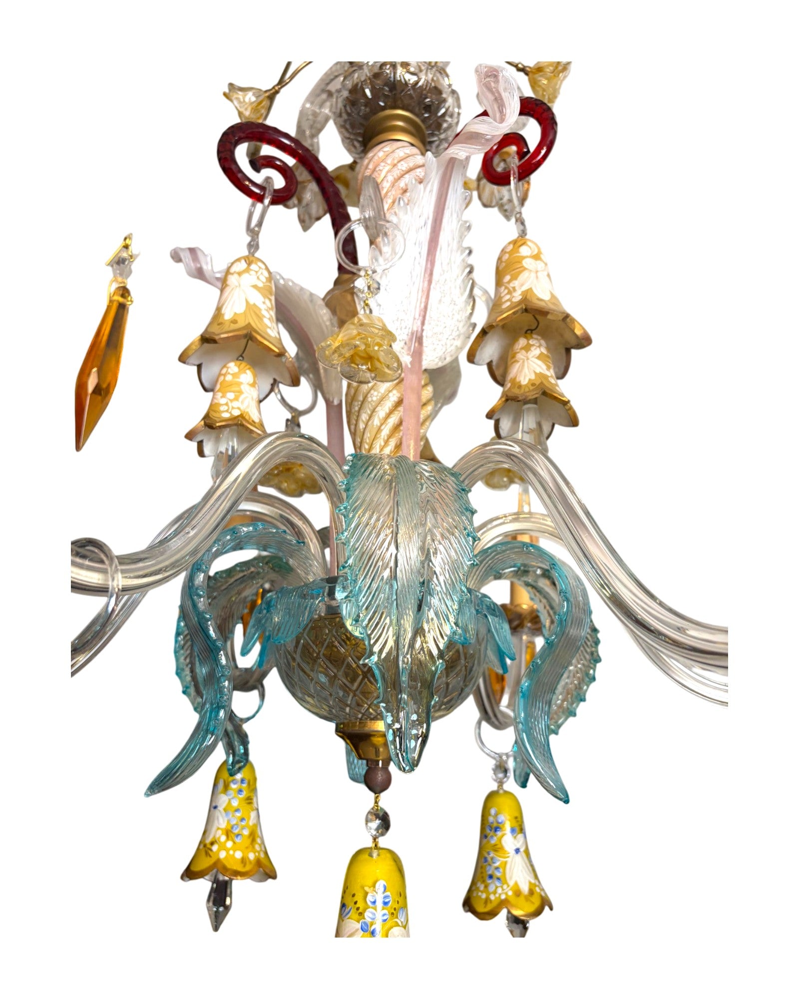 6-Arm Murano Chandelier with Yellow Flowers and Bell-Shaped Glasses