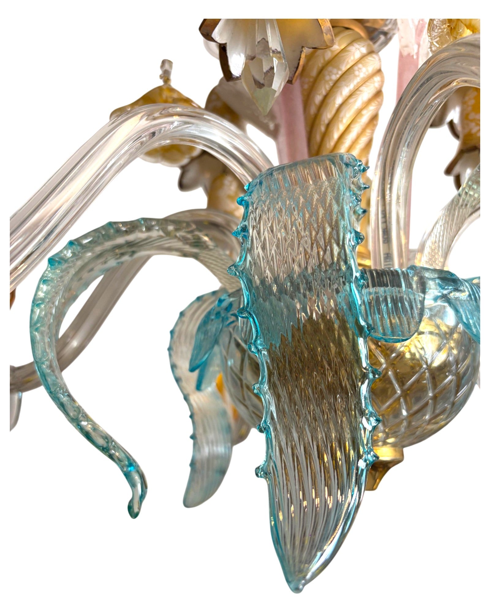 6-Arm Murano Chandelier with Yellow Flowers and Bell-Shaped Glasses