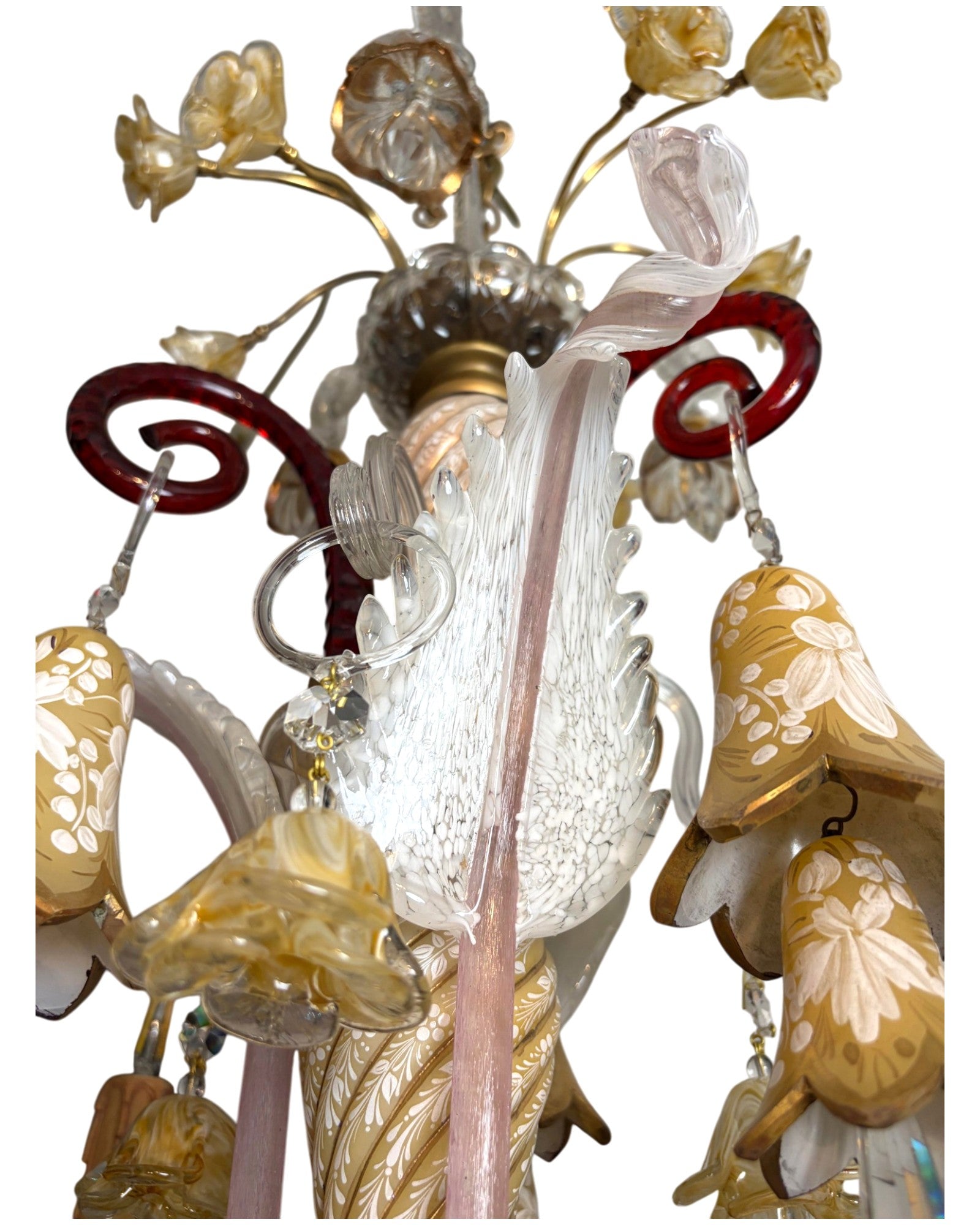 6-Arm Murano Chandelier with Yellow Flowers and Bell-Shaped Glasses