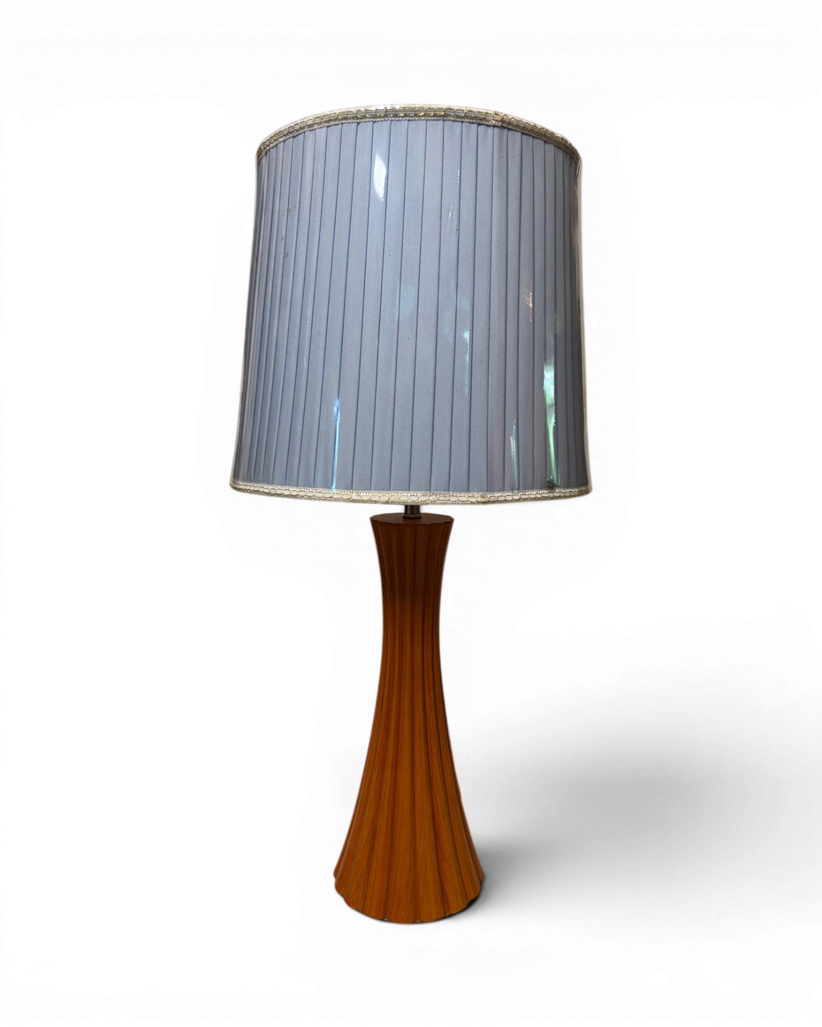 Pleated Blue Mid-Century Wooden Table Lamp