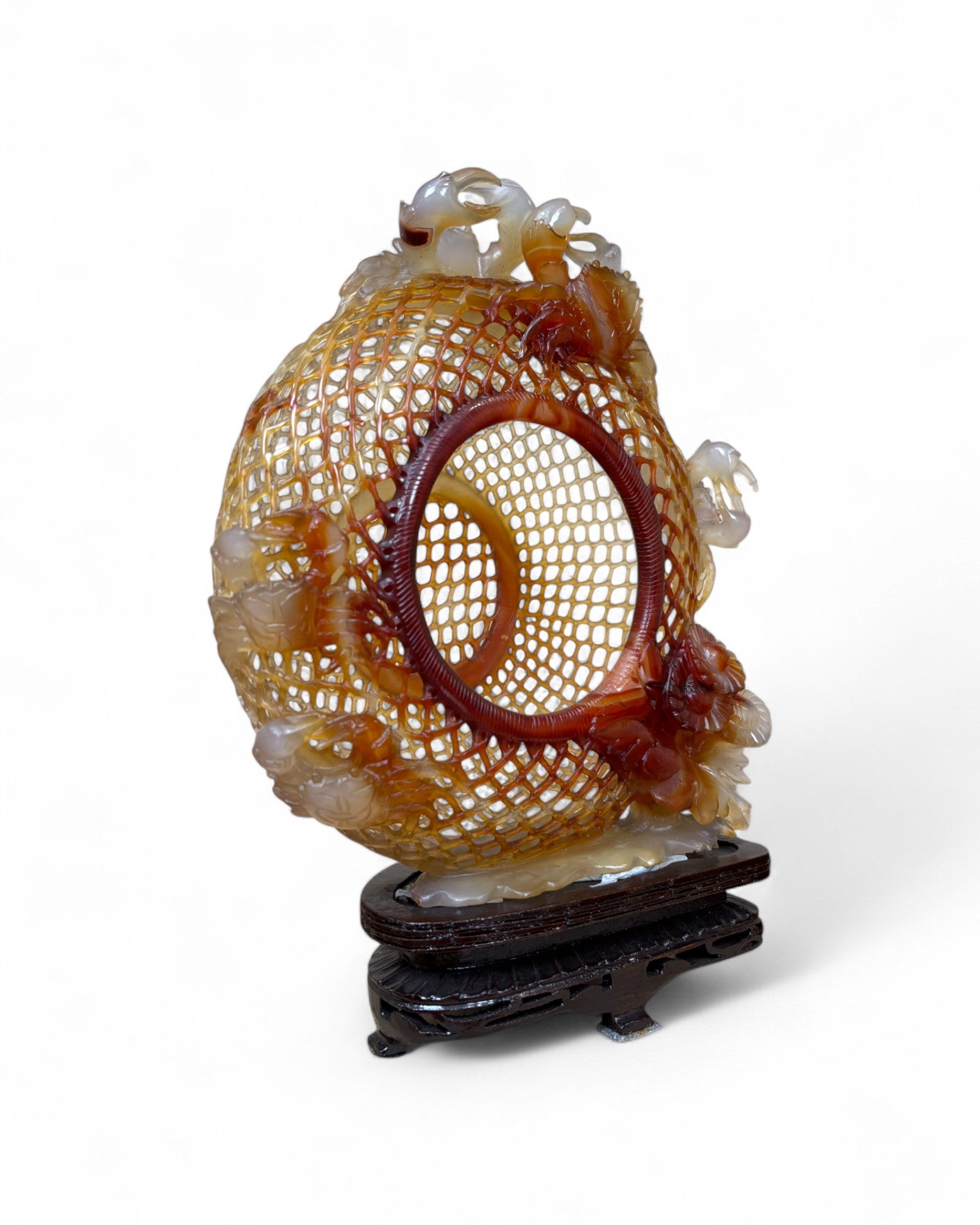 Chinese Carved Red Agate “Openwork Basket” Sculpture with Crabs & Floral Motifs