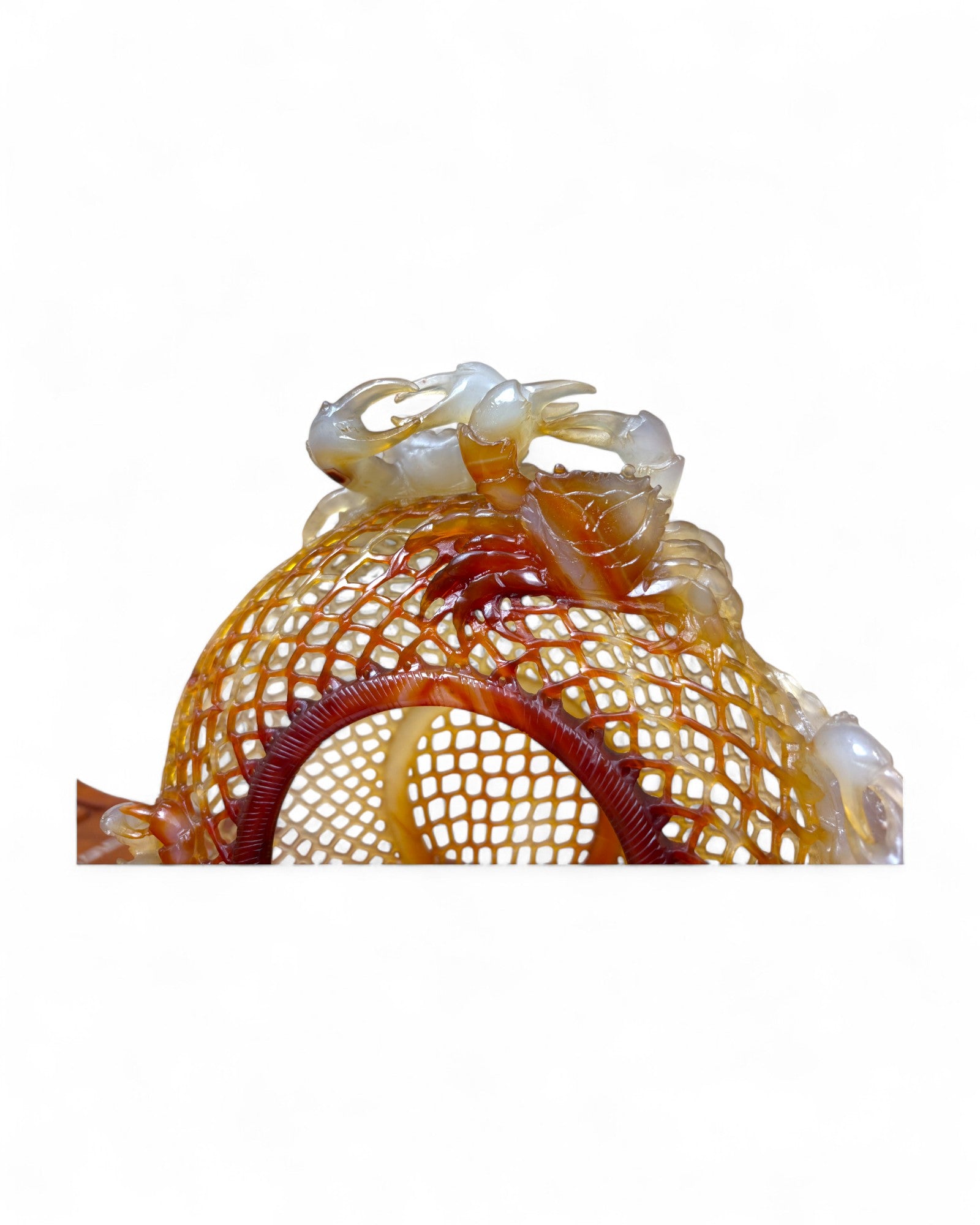 Chinese Carved Red Agate “Openwork Basket” Sculpture with Crabs & Floral Motifs